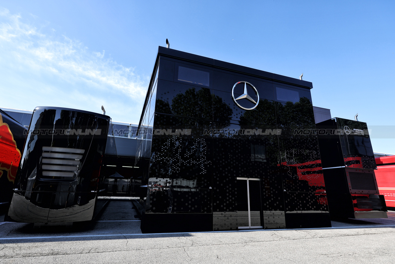 GP IMOLA, Mercedes AMG F1 trucks in the paddock.

17.05.2024. Formula 1 World Championship, Rd 7, Emilia Romagna Grand Prix, Imola, Italy, Practice Day.

 - www.xpbimages.com, EMail: requests@xpbimages.com © Copyright: Staley / XPB Images