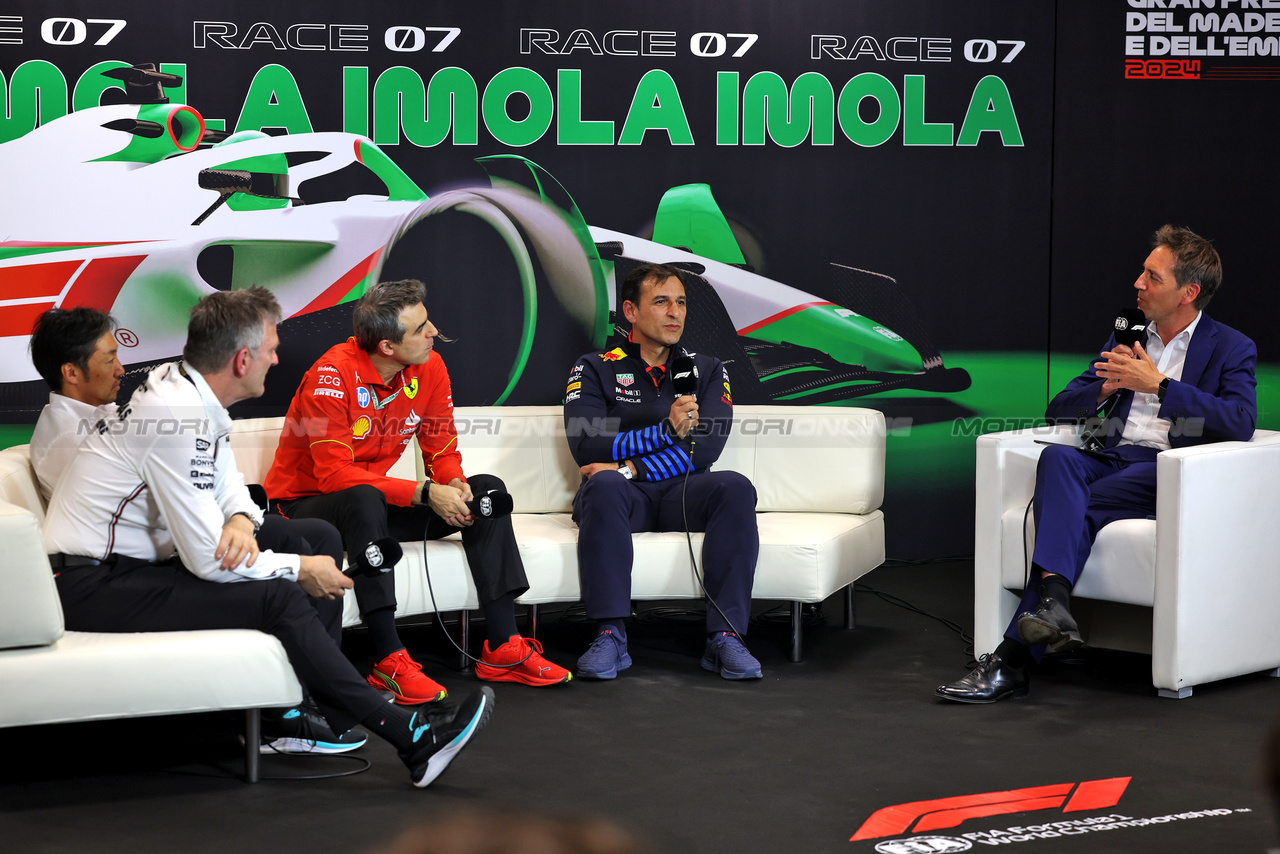 GP IMOLA, (L to R): James Allison (GBR) Mercedes AMG F1 Technical Director; Ayao Komatsu (JPN) Haas F1 Team Principal; Enrico Gualtieri (ITA) Ferrari Technical Director of Power Unit; e Pierre Wache (FRA) Red Bull Racing Technical Director, in the FIA Press Conference.

17.05.2024. Formula 1 World Championship, Rd 7, Emilia Romagna Grand Prix, Imola, Italy, Practice Day.

 - www.xpbimages.com, EMail: requests@xpbimages.com © Copyright: Staley / XPB Images