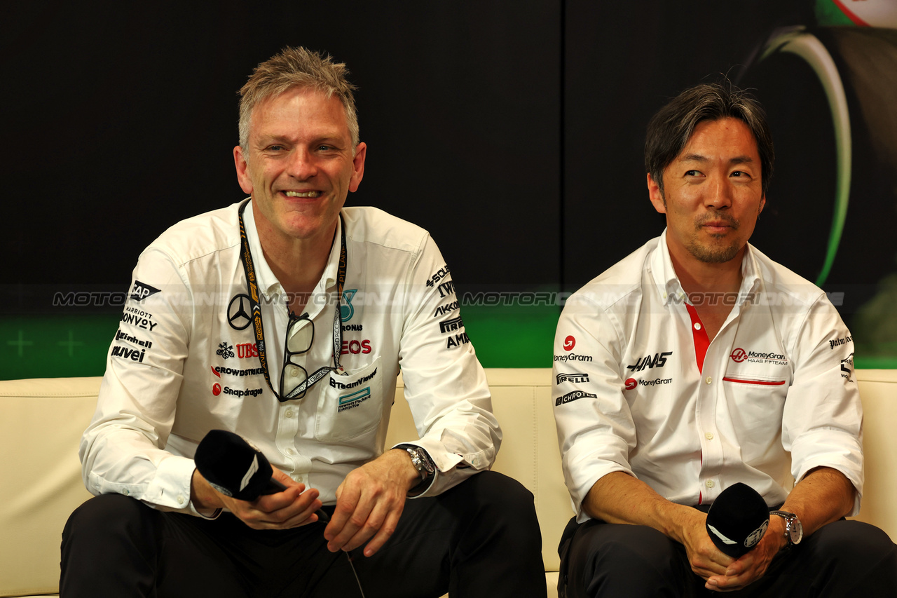 GP IMOLA, (L to R): James Allison (GBR) Mercedes AMG F1 Technical Director e Ayao Komatsu (JPN) Haas F1 Team Principal in the FIA Press Conference.

17.05.2024. Formula 1 World Championship, Rd 7, Emilia Romagna Grand Prix, Imola, Italy, Practice Day.

 - www.xpbimages.com, EMail: requests@xpbimages.com © Copyright: Staley / XPB Images