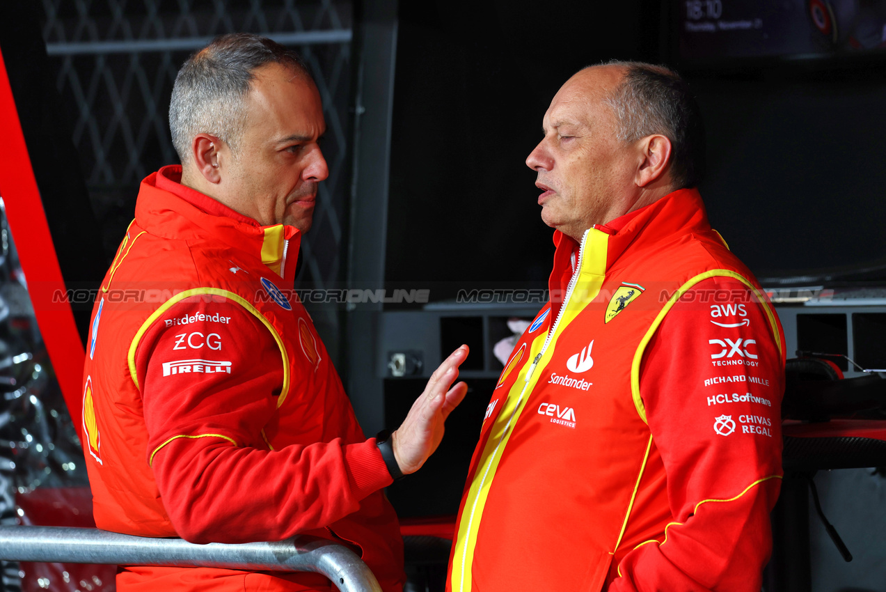 GP LAS VEGAS, (L to R): Diego Ioverno (ITA) Ferrari Sporting Director with Frederic Vasseur (FRA) Ferrari Team Principal.

21.11.2024. Formula 1 World Championship, Rd 22, Las Vegas Grand Prix, Las Vegas, Nevada, USA, Practice Day

- www.xpbimages.com, EMail: requests@xpbimages.com © Copyright: Batchelor / XPB Images