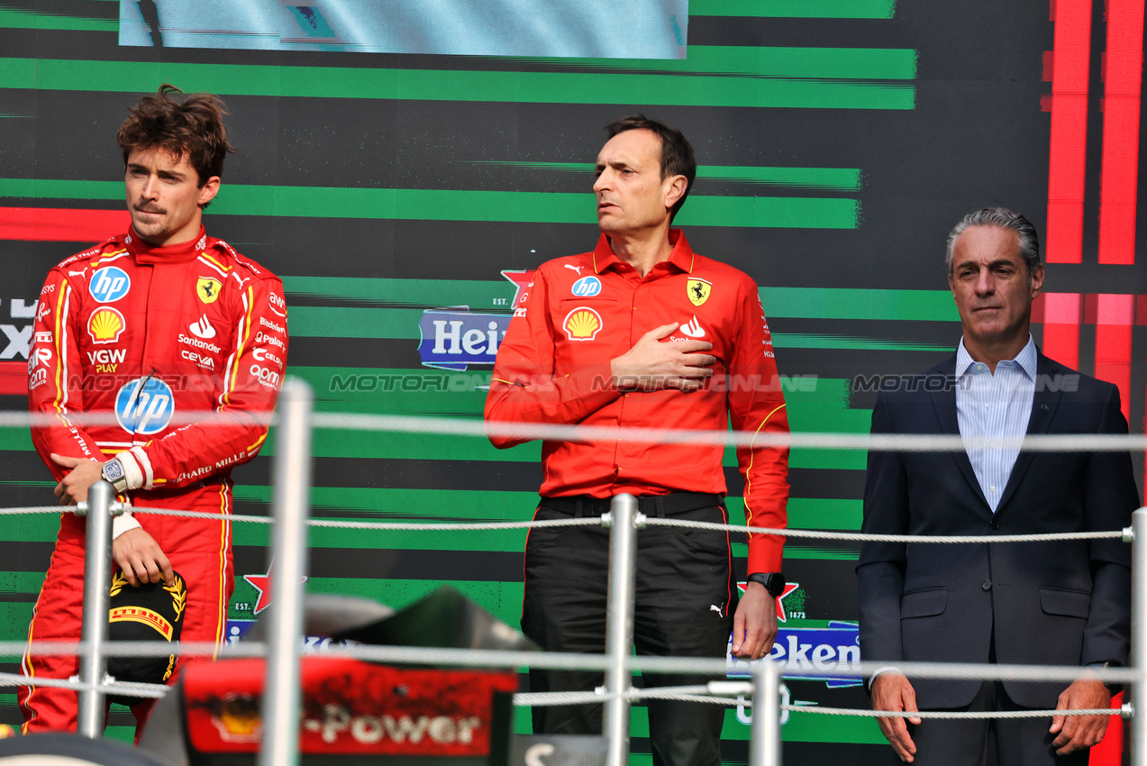 GP MESSICO, (L to R): Charles Leclerc (MON) Ferrari; Riccardo Adami (ITA) Ferrari Gara Engineer; e Carlos Slim Domit (MEX) Chairman of America Movil, on the podium.

27.10.2024. Formula 1 World Championship, Rd 20, Mexican Grand Prix, Mexico City, Mexico, Gara Day.

- www.xpbimages.com, EMail: requests@xpbimages.com © Copyright: Bearne / XPB Images