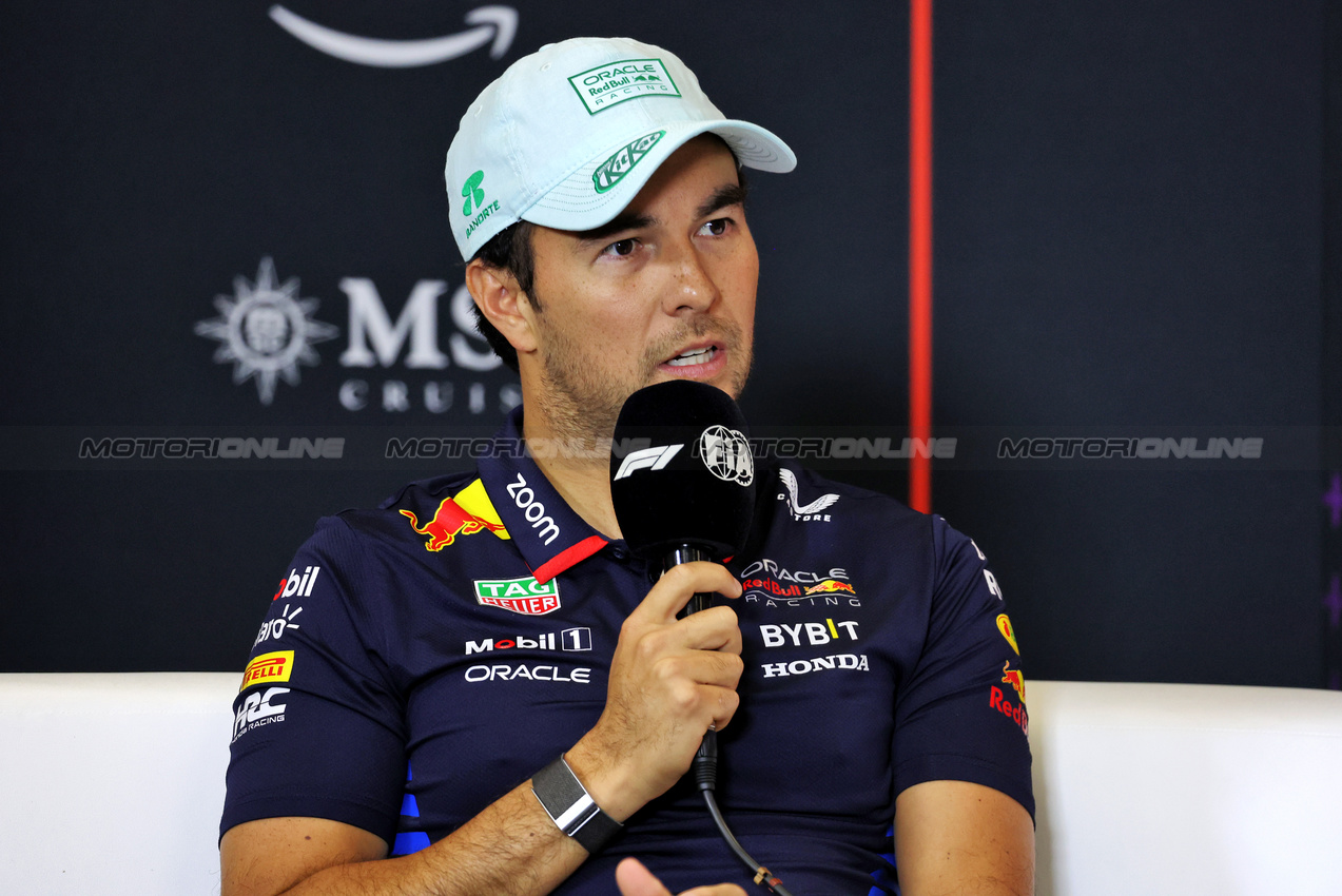 GP MESSICO, Sergio Perez (MEX) Red Bull Racing in the FIA Press Conference.

24.10.2024. Formula 1 World Championship, Rd 20, Mexican Grand Prix, Mexico City, Mexico, Preparation Day.

- www.xpbimages.com, EMail: requests@xpbimages.com © Copyright: Bearne / XPB Images