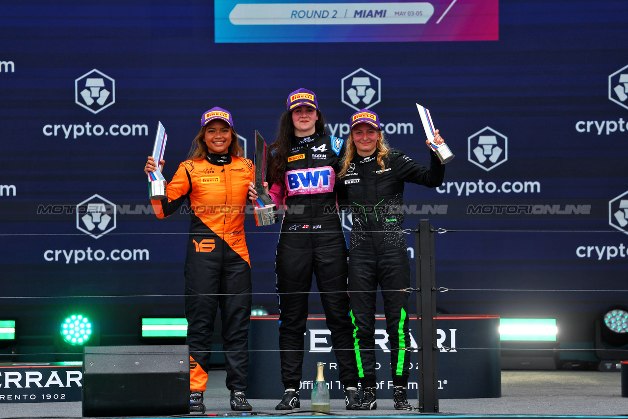 GP MIAMI, The podium (L to R): Bianca Bustamante (PHL) ART, second; Abbi Pulling (GBR) Rodin Motorsport, vincitore; Doriane Pin (FRA) Prema Racing, third.

05.05.2024. FIA Formula Academy, Rd 2, Gara 2, Miami, Florida, USA, Domenica.

- www.xpbimages.com, EMail: requests@xpbimages.com Copyright: XPB Images