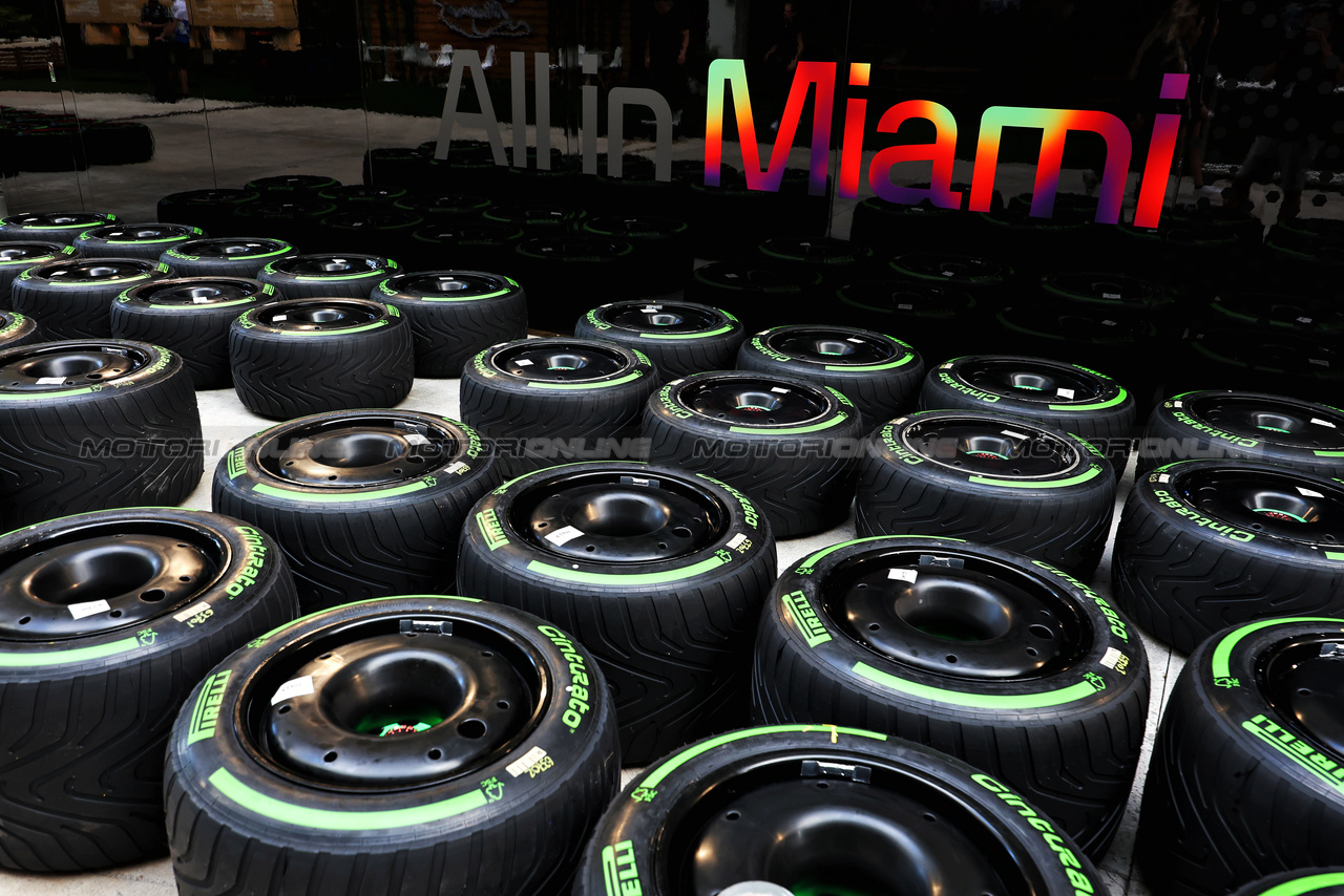 GP MIAMI, Paddock Atmosfera - wet Pirelli tyres.

02.05.2024. Formula 1 World Championship, Rd 6, Miami Grand Prix, Miami, Florida, USA, Preparation Day.

- www.xpbimages.com, EMail: requests@xpbimages.com © Copyright: Moy / XPB Images