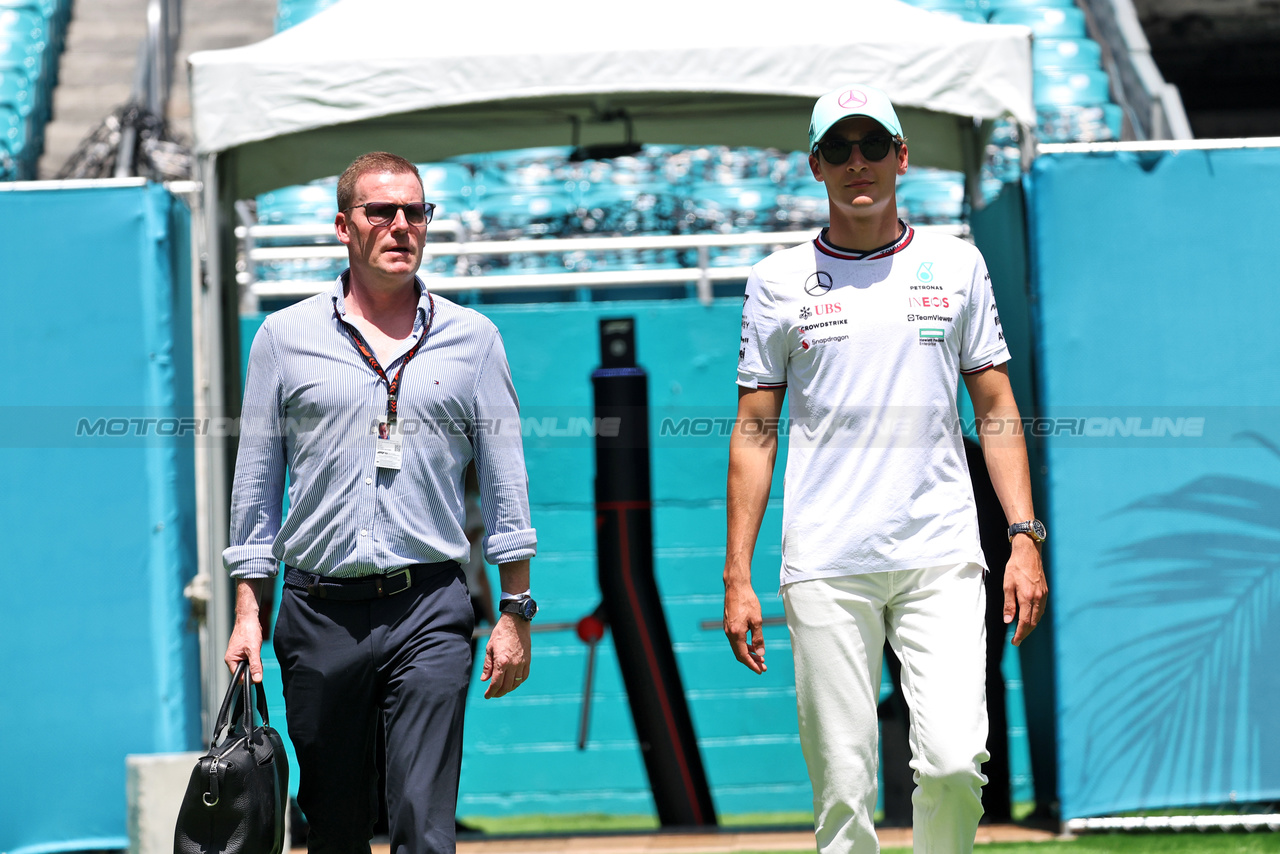 GP MIAMI, (L to R): Harry Soden (GBR) Driver Manager with George Russell (GBR) Mercedes AMG F1.

02.05.2024. Formula 1 World Championship, Rd 6, Miami Grand Prix, Miami, Florida, USA, Preparation Day.

- www.xpbimages.com, EMail: requests@xpbimages.com © Copyright: Bearne / XPB Images