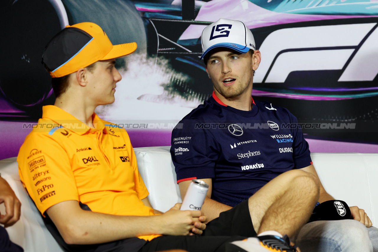 GP MIAMI, (L to R): Oscar Piastri (AUS) McLaren e Logan Sargeant (USA) Williams Racing in the FIA Press Conference.

02.05.2024. Formula 1 World Championship, Rd 6, Miami Grand Prix, Miami, Florida, USA, Preparation Day.

- www.xpbimages.com, EMail: requests@xpbimages.com © Copyright: Bearne / XPB Images