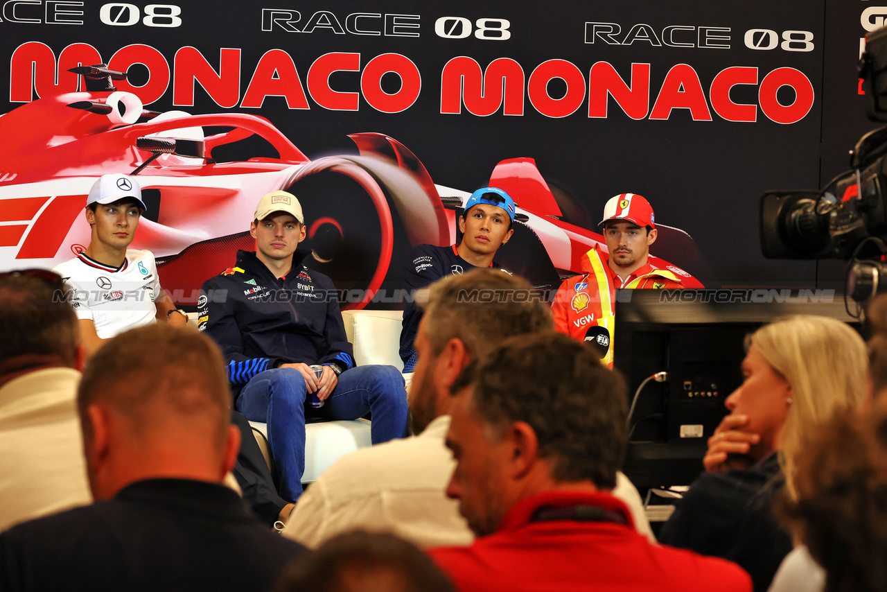 GP MONACO, (L to R): George Russell (GBR) Mercedes AMG F1; Max Verstappen (NLD) Red Bull Racing; Alexander Albon (THA) Williams Racing; e Charles Leclerc (MON) Ferrari, in the FIA Press Conference.

23.05.2024. Formula 1 World Championship, Rd 8, Monaco Grand Prix, Monte Carlo, Monaco, Preparation Day.

- www.xpbimages.com, EMail: requests@xpbimages.com © Copyright: Moy / XPB Images