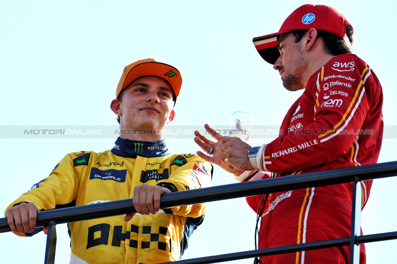 GP MONACO, (L to R): Second placed Oscar Piastri (AUS) McLaren in qualifying parc ferme with pole sitter Charles Leclerc (MON) Ferrari.

25.05.2024. Formula 1 World Championship, Rd 8, Monaco Grand Prix, Monte Carlo, Monaco, Qualifiche Day.

 - www.xpbimages.com, EMail: requests@xpbimages.com © Copyright: Coates / XPB Images