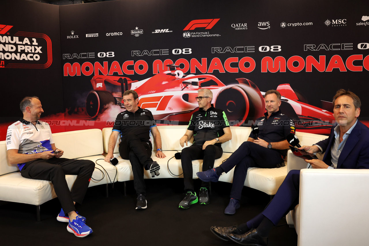GP MONACO, (L to R): Peter Bayer (AUT) RB Chief Executive Officer; Bruno Famin (FRA) Alpine Motorsports Vice President e Alpine F1 Team Team Principal; Alessandro Alunni Bravi (ITA) Sauber Managing Director e Team Representative; Christian Horner (GBR) Red Bull Racing Team Principal, e Tom Clarkson (GBR) Journalist, in the FIA Press Conference.

24.05.2024. Formula 1 World Championship, Rd 8, Monaco Grand Prix, Monte Carlo, Monaco, Practice Day.

- www.xpbimages.com, EMail: requests@xpbimages.com © Copyright: Bearne / XPB Images