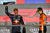GP QATAR, Gara winner Max Verstappen (NLD) Red Bull Racing celebrates on the podium with Oscar Piastri (AUS) McLaren.

01.12.2024. Formula 1 World Championship, Rd 23, Qatar Grand Prix, Doha, Qatar, Gara Day.

- www.xpbimages.com, EMail: requests@xpbimages.com © Copyright: Charniaux / XPB Images