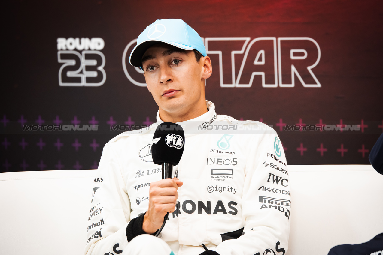GP QATAR, George Russell (GBR) Mercedes AMG F1 in the post qualifying FIA Press Conference.

30.11.2024. Formula 1 World Championship, Rd 23, Qatar Grand Prix, Doha, Qatar, Sprint e Qualifiche Day.

- www.xpbimages.com, EMail: requests@xpbimages.com © Copyright: Bearne / XPB Images