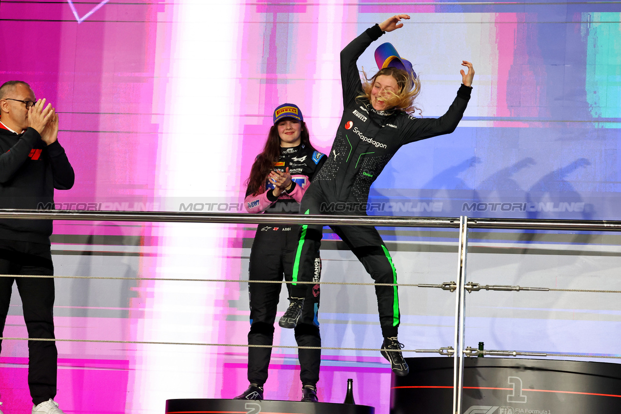 GP QATAR, Gara winner Doriane Pin (FRA) Prema Racing celebrates on the podium.

30.11.2024. FIA Formula Academy, Rd 6, Gara 1, Losail International Circuit, Doha, Qatar, Saturday.

- www.xpbimages.com, EMail: requests@xpbimages.com Copyright: XPB Images