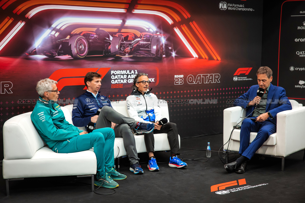 GP QATAR, (L to R): Mike Krack (LUX) Aston Martin F1 Team, Team Principal; James Vowles (GBR) Williams Racing Team Principal; e Laurent Mekies (FRA) RB Technical Director, in the FIA Press Conference.

29.11.2024 Formula 1 World Championship, Rd 23, Qatar Grand Prix, Doha, Qatar, Sprint Qualifiche Day.

- www.xpbimages.com, EMail: requests@xpbimages.com © Copyright: Bearne / XPB Images