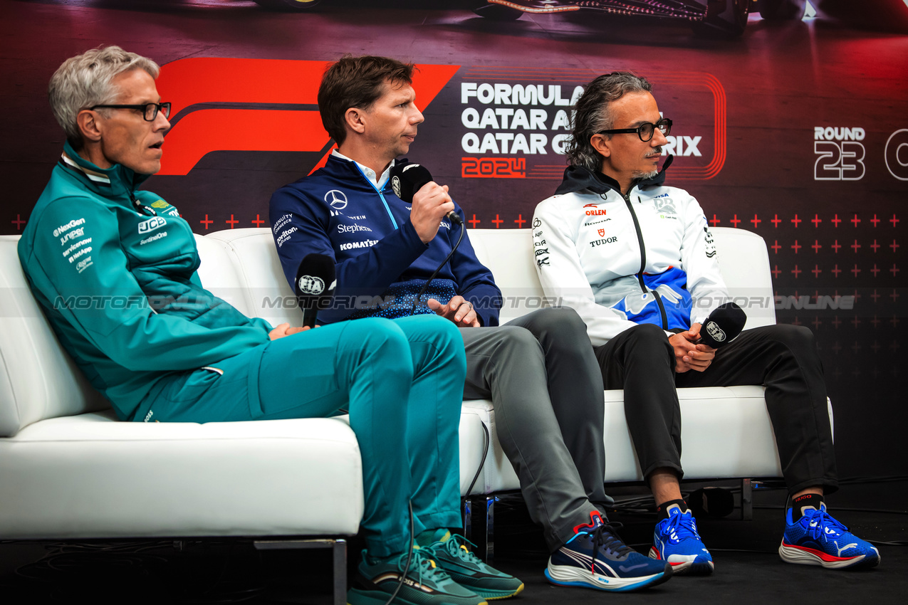 GP QATAR, (L to R): Mike Krack (LUX) Aston Martin F1 Team, Team Principal; James Vowles (GBR) Williams Racing Team Principal; e Laurent Mekies (FRA) RB Technical Director, in the FIA Press Conference.

29.11.2024 Formula 1 World Championship, Rd 23, Qatar Grand Prix, Doha, Qatar, Sprint Qualifiche Day.

- www.xpbimages.com, EMail: requests@xpbimages.com © Copyright: Bearne / XPB Images