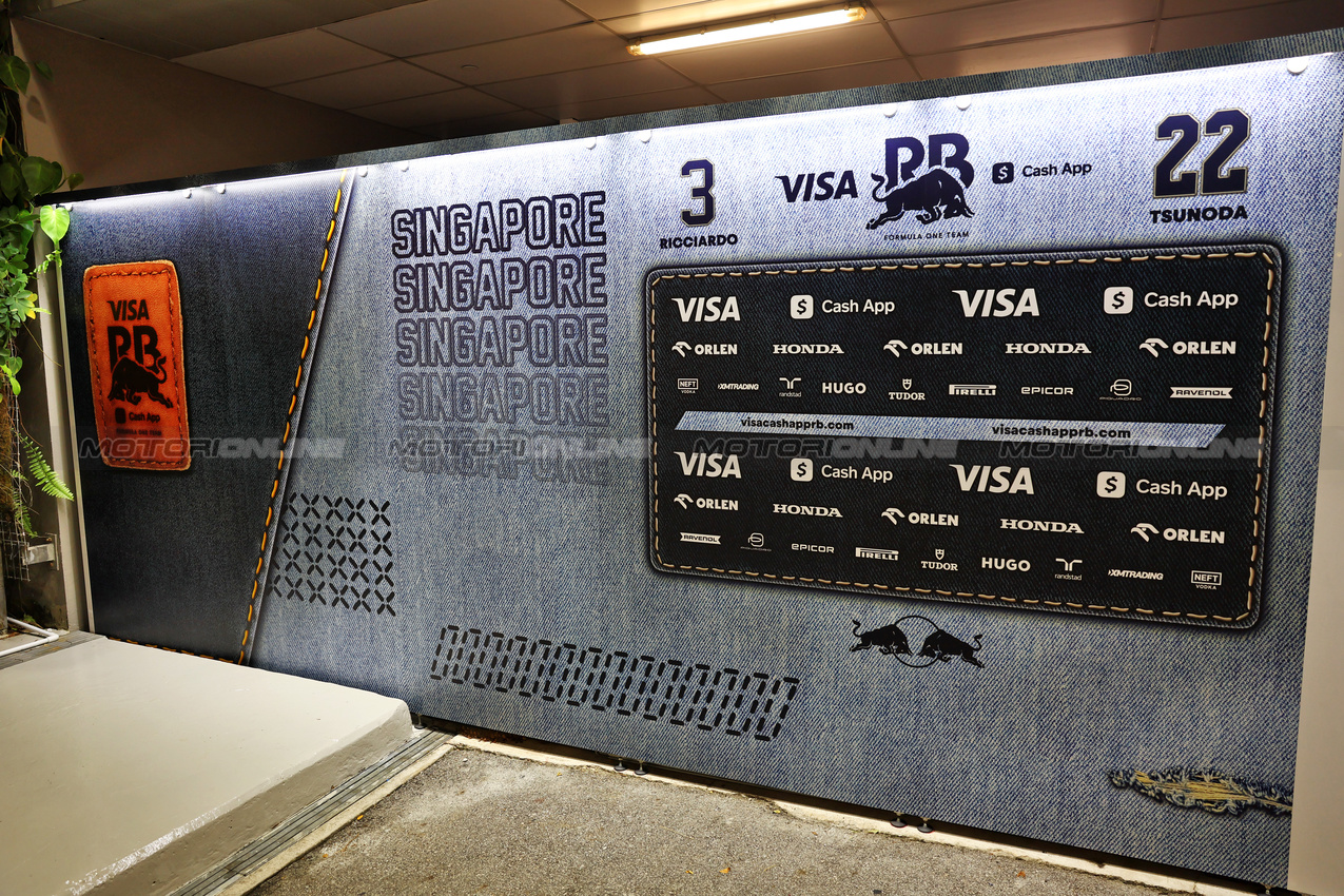 GP SINGAPORE, RB - Denim themed pit boards.

19.09.2024. Formula 1 World Championship, Rd 18, Singapore Grand Prix, Marina Bay Street Circuit, Singapore, Preparation Day.

- www.xpbimages.com, EMail: requests@xpbimages.com © Copyright: Batchelor / XPB Images