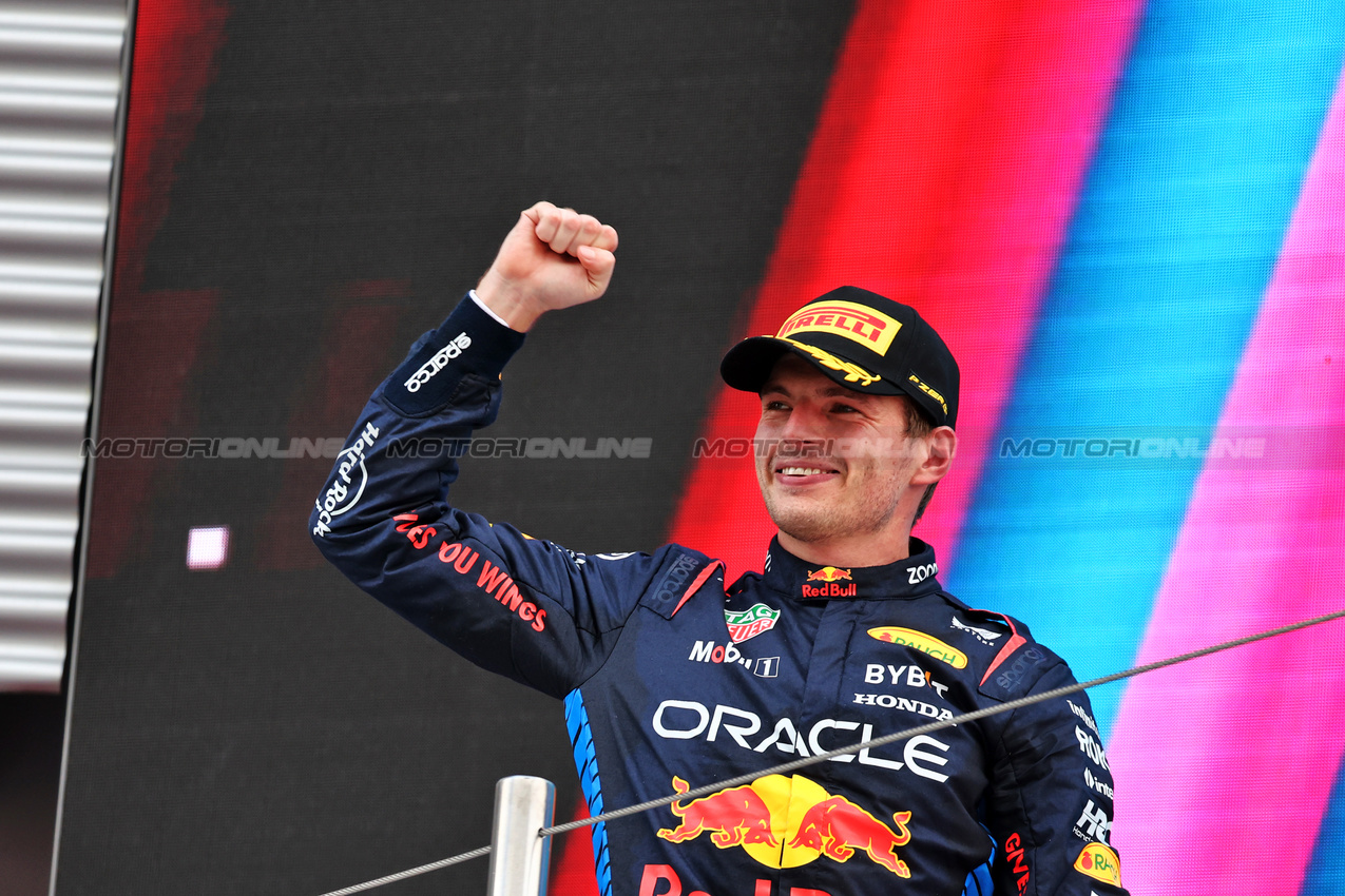 GP SPAGNA, Gara winner Max Verstappen (NLD) Red Bull Racing celebrates on the podium.

23.06.2024. Formula 1 World Championship, Rd 10, Spanish Grand Prix, Barcelona, Spain, Gara Day.

- www.xpbimages.com, EMail: requests@xpbimages.com © Copyright: Moy / XPB Images