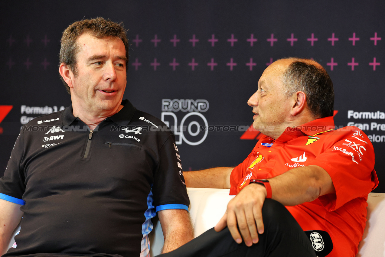 GP SPAGNA, (L to R): Bruno Famin (FRA) Alpine Motorsports Vice President e Alpine F1 Team Team Principal e Frederic Vasseur (FRA) Ferrari Team Principal in the FIA Press Conference.

21.06.2024 Formula 1 World Championship, Rd 10, Spanish Grand Prix, Barcelona, Spain, Practice Day.

- www.xpbimages.com, EMail: requests@xpbimages.com © Copyright: Charniaux / XPB Images