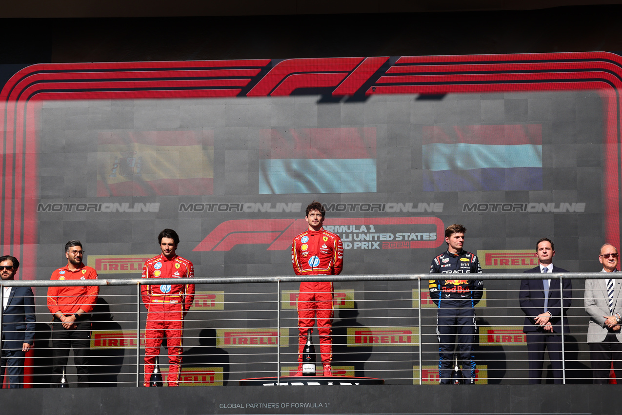 GP STATI UNITI, Ravin Jain (GBR) Ferrari Strategy Director  with 1st place Charles Leclerc (MON) Ferrari SF-24, 2nd place Carlos Sainz Jr (ESP) Ferrari SF-24 e 3rd place Max Verstappen (NLD) Red Bull Racing RB20.
20.10.2024. Formula 1 World Championship, Rd 19, United States Grand Prix, Austin, Texas, USA, Gara Day.
- www.xpbimages.com, EMail: requests@xpbimages.com © Copyright: Batchelor / XPB Images