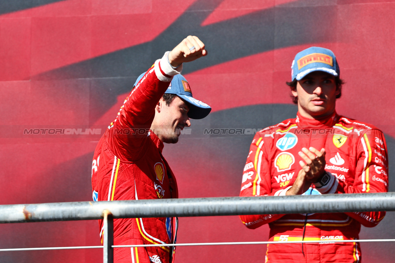 GP STATI UNITI, Gara winner Charles Leclerc (MON) Ferrari celebrates on the podium.

20.10.2024. Formula 1 World Championship, Rd 19, United States Grand Prix, Austin, Texas, USA, Gara Day.

 - www.xpbimages.com, EMail: requests@xpbimages.com © Copyright: Coates / XPB Images