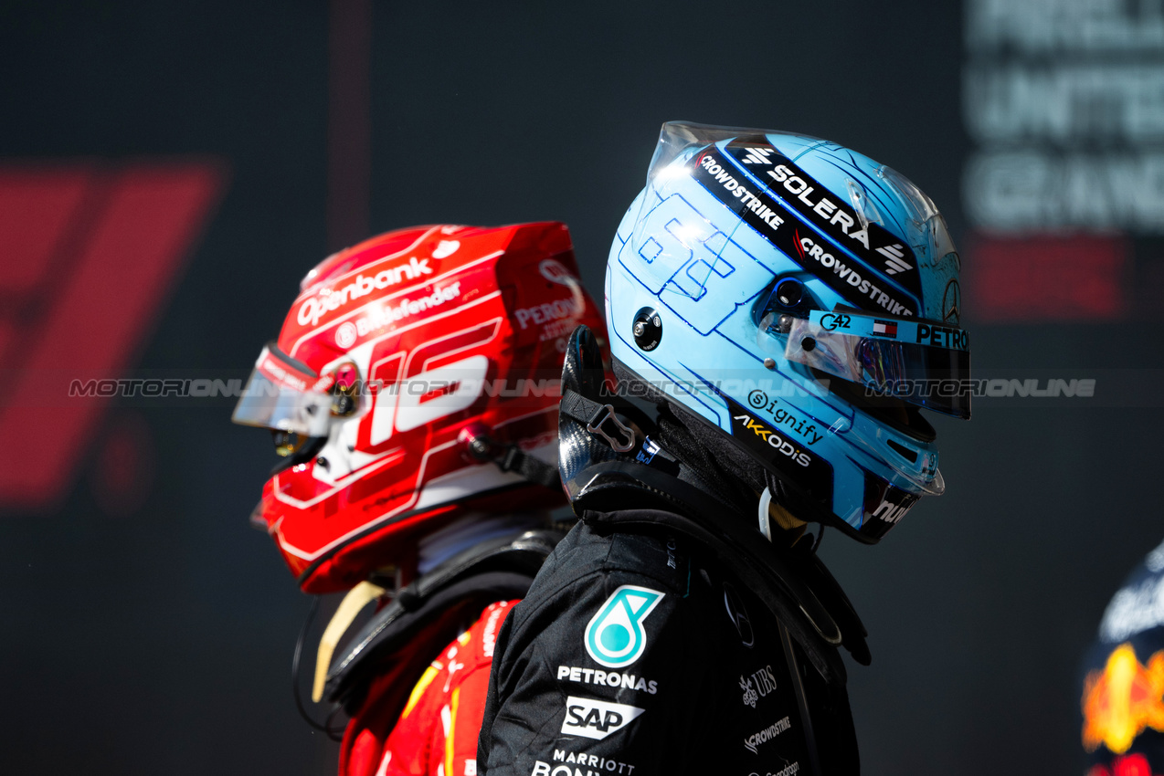 GP STATI UNITI, George Russell (GBR) Mercedes AMG F1 e Charles Leclerc (MON) Ferrari in parc ferme.

20.10.2024. Formula 1 World Championship, Rd 19, United States Grand Prix, Austin, Texas, USA, Gara Day.

- www.xpbimages.com, EMail: requests@xpbimages.com © Copyright: Price / XPB Images