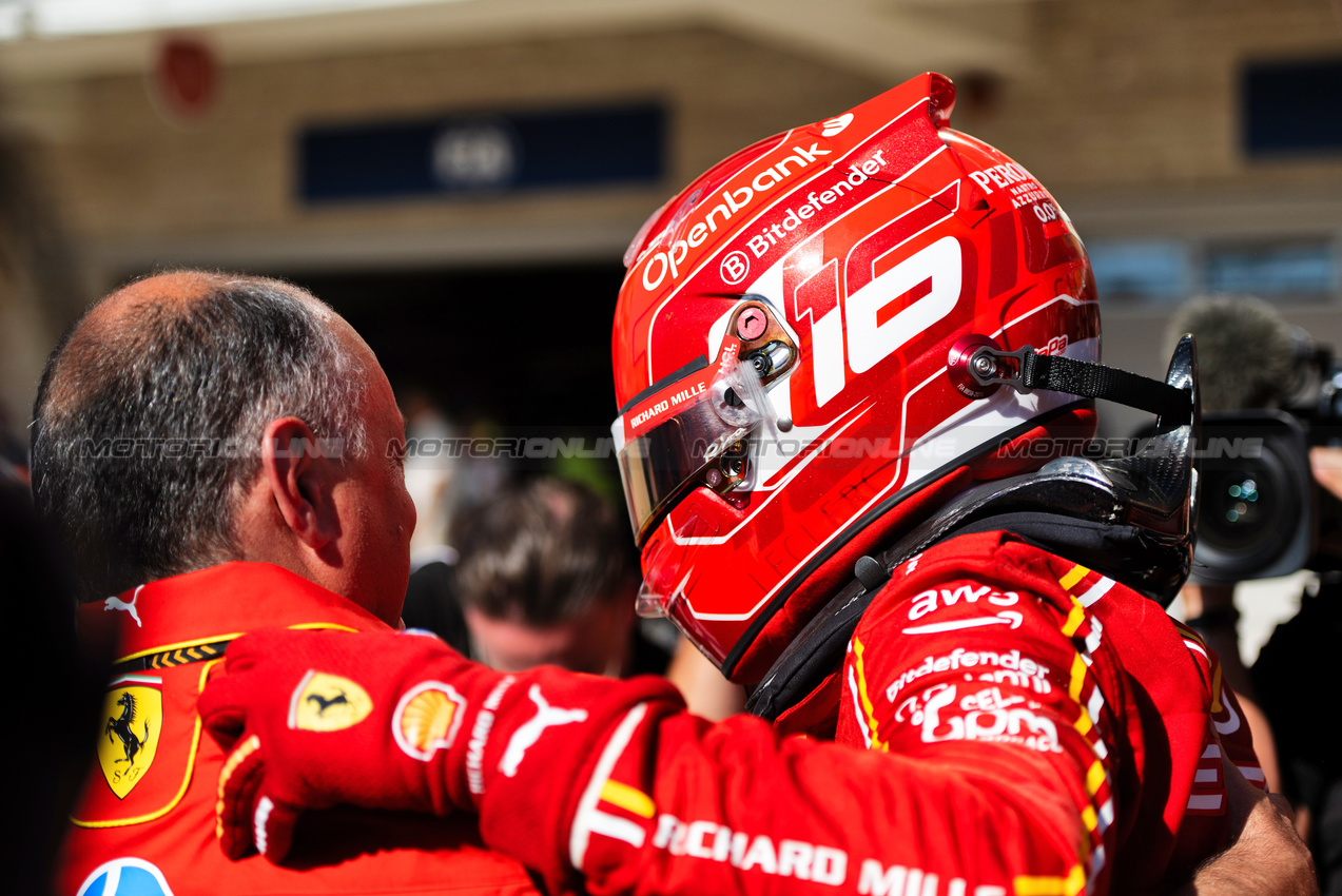 GP STATI UNITI, Gara winner Charles Leclerc (MON) Ferrari celebrates with Frederic Vasseur (FRA) Ferrari Team Principal in parc ferme.

20.10.2024. Formula 1 World Championship, Rd 19, United States Grand Prix, Austin, Texas, USA, Gara Day.

- www.xpbimages.com, EMail: requests@xpbimages.com © Copyright: Price / XPB Images