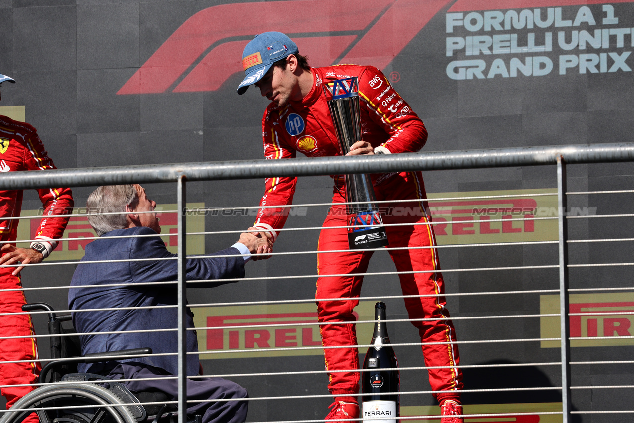 GP STATI UNITI, Gara winner Charles Leclerc (MON) Ferrari celebrates on the podium.

20.10.2024. Formula 1 World Championship, Rd 19, United States Grand Prix, Austin, Texas, USA, Gara Day.

 - www.xpbimages.com, EMail: requests@xpbimages.com © Copyright: Rew / XPB Images