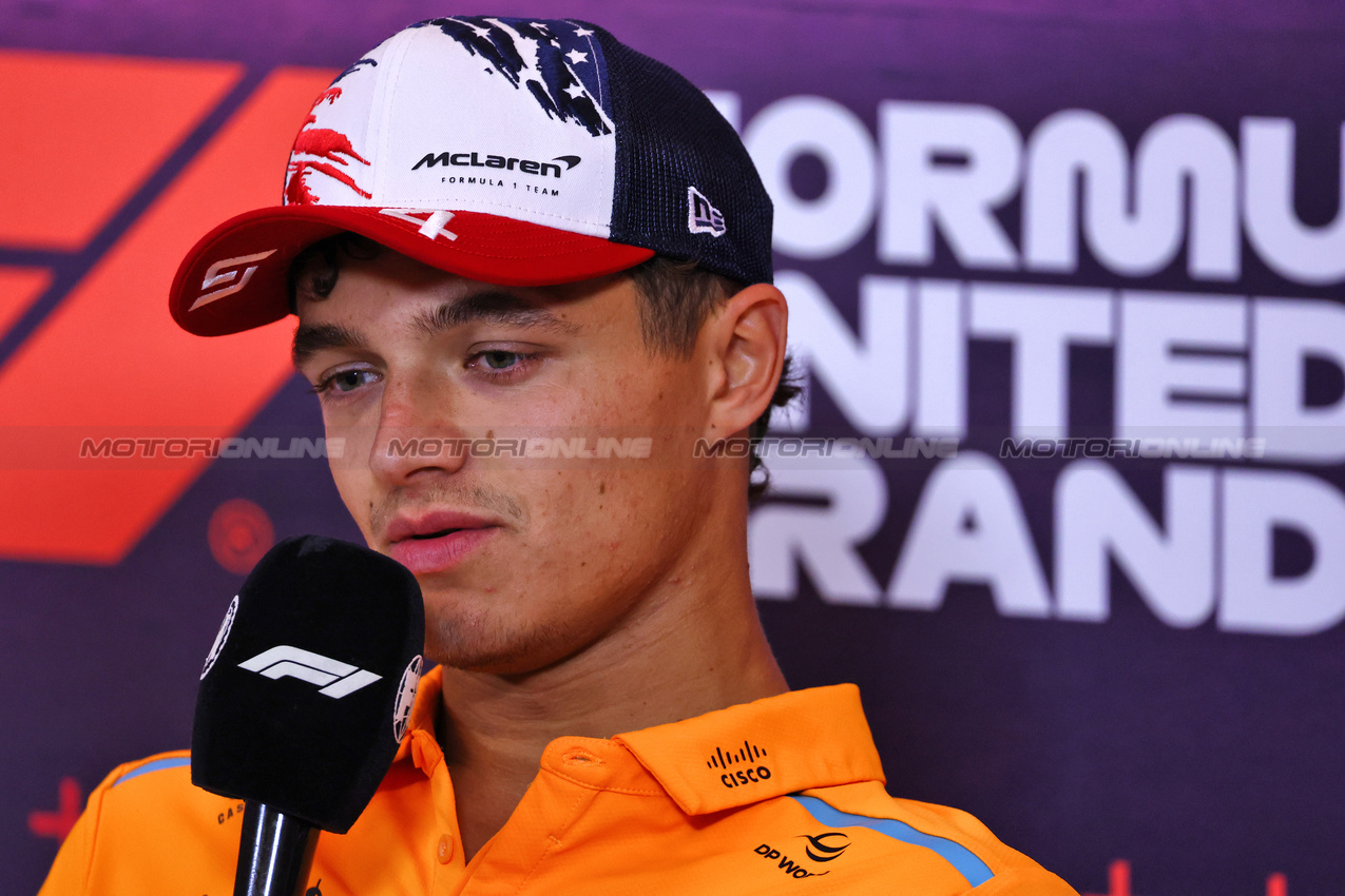 GP STATI UNITI, Lando Norris (GBR) McLaren in the FIA Press Conference.

17.10.2024. Formula 1 World Championship, Rd 19, United States Grand Prix, Austin, Texas, USA, Preparation Day.

- www.xpbimages.com, EMail: requests@xpbimages.com © Copyright: Batchelor / XPB Images