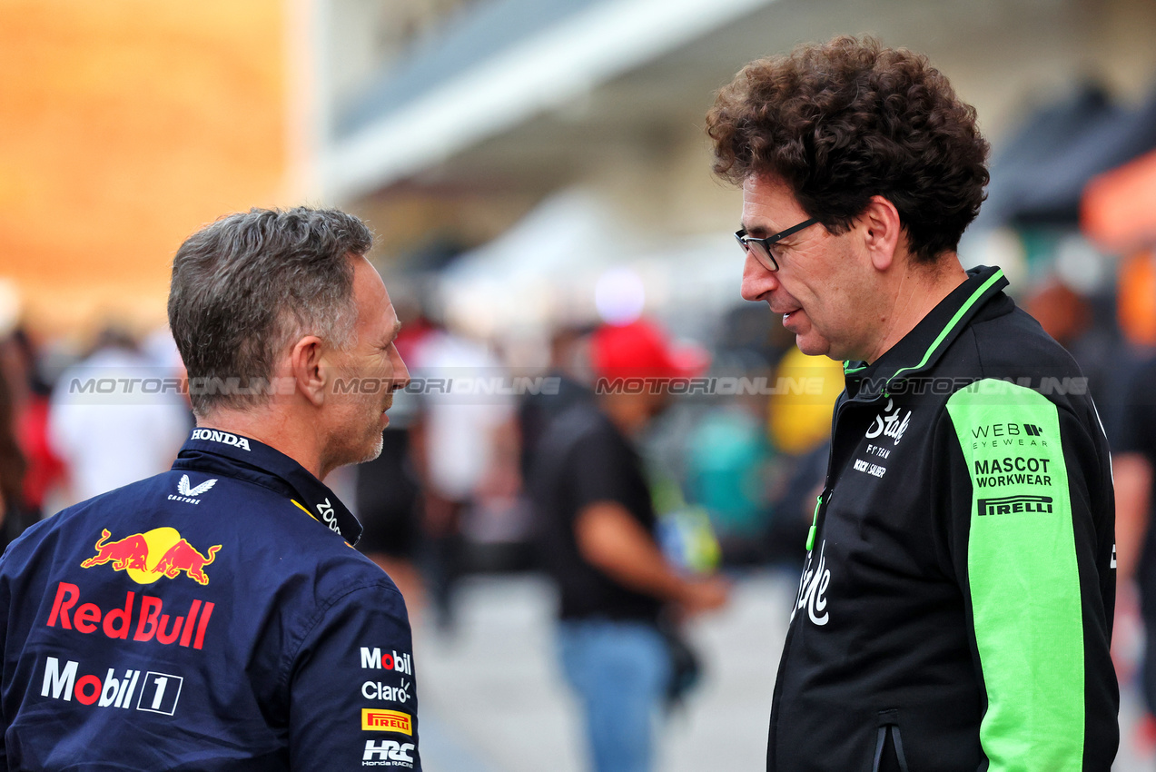 GP STATI UNITI, (L to R): Christian Horner (GBR) Red Bull Racing Team Principal with Mattia Binotto (ITA) Sauber Motorsport Chief Operating e Chief Technical Officer.

18.10.2024. Formula 1 World Championship, Rd 19, United States Grand Prix, Austin, Texas, USA, Sprint Qualifiche Day

- www.xpbimages.com, EMail: requests@xpbimages.com © Copyright: Batchelor / XPB Images