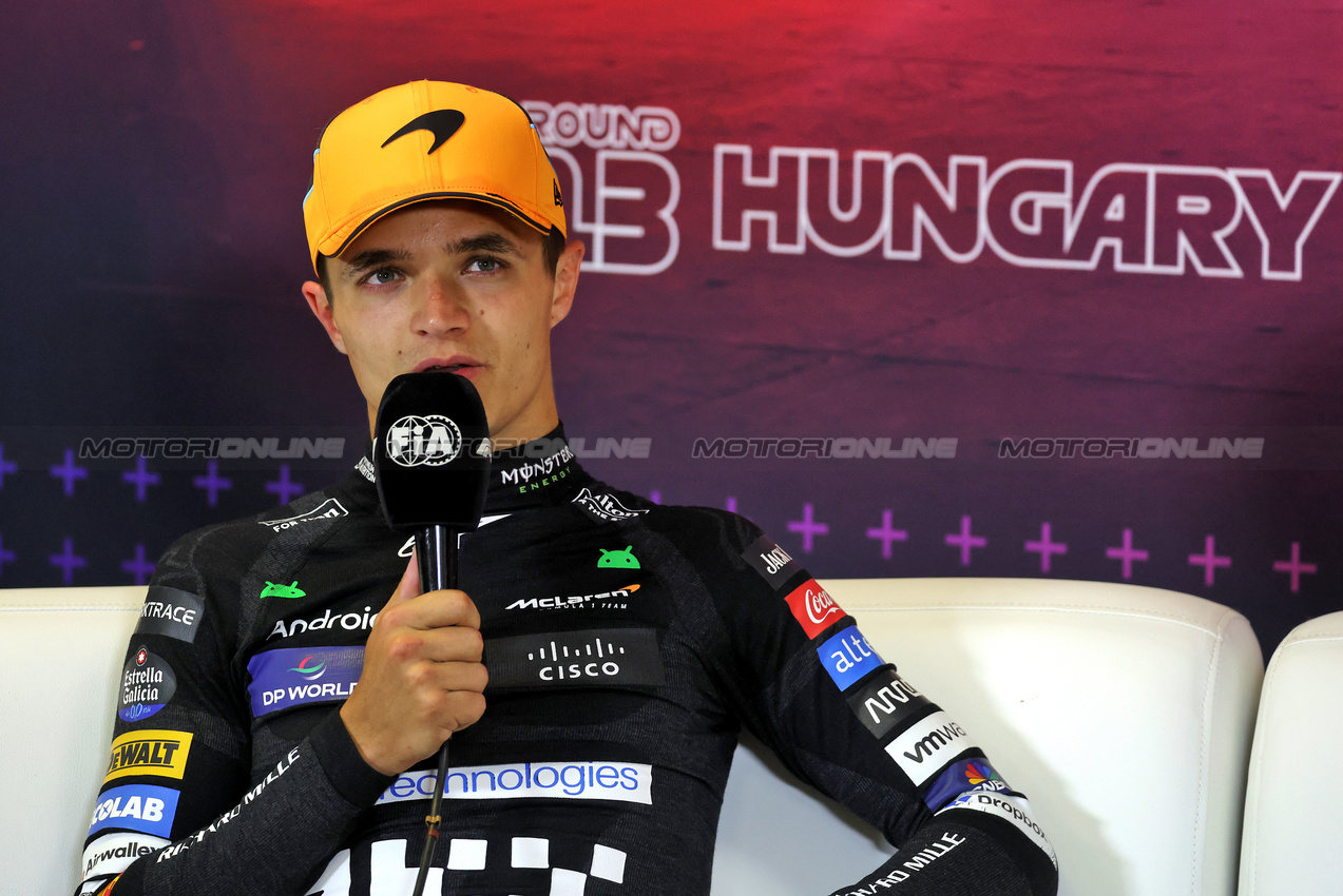 GP UNGHERIA, Lando Norris (GBR) McLaren in the post race FIA Press Conference.

21.07.2024. Formula 1 World Championship, Rd 13, Hungarian Grand Prix, Budapest, Hungary, Gara Day.

- www.xpbimages.com, EMail: requests@xpbimages.com © Copyright: Bearne / XPB Images