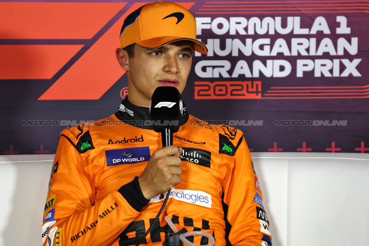 GP UNGHERIA, Lando Norris (GBR) McLaren in the post qualifying FIA Press Conference.

20.07.2024. Formula 1 World Championship, Rd 13, Hungarian Grand Prix, Budapest, Hungary, Qualifiche Day.

- www.xpbimages.com, EMail: requests@xpbimages.com © Copyright: Bearne / XPB Images