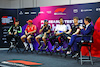 TEST BAHRAIN, (L to R): Zhou Guanyu (CHN) Sauber; Carlos Sainz Jr (ESP) Ferrari; Sergio Perez (MEX) Red Bull Racing; Daniel Ricciardo (AUS) RB; Nico Hulkenberg (GER) Haas F1 Team; Tom Clarkson (GBR) Journalist, in the FIA Press Conference.
21.02.2024. Formula 1 Testing, Sakhir, Bahrain, Day One.
- www.xpbimages.com, EMail: requests@xpbimages.com © Copyright: Charniaux / XPB Images