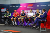 TEST BAHRAIN, (L to R): Zhou Guanyu (CHN) Sauber; Carlos Sainz Jr (ESP) Ferrari; Sergio Perez (MEX) Red Bull Racing; Daniel Ricciardo (AUS) RB; Nico Hulkenberg (GER) Haas F1 Team; Tom Clarkson (GBR) Journalist, in the FIA Press Conference.
21.02.2024. Formula 1 Testing, Sakhir, Bahrain, Day One.
- www.xpbimages.com, EMail: requests@xpbimages.com © Copyright: Charniaux / XPB Images