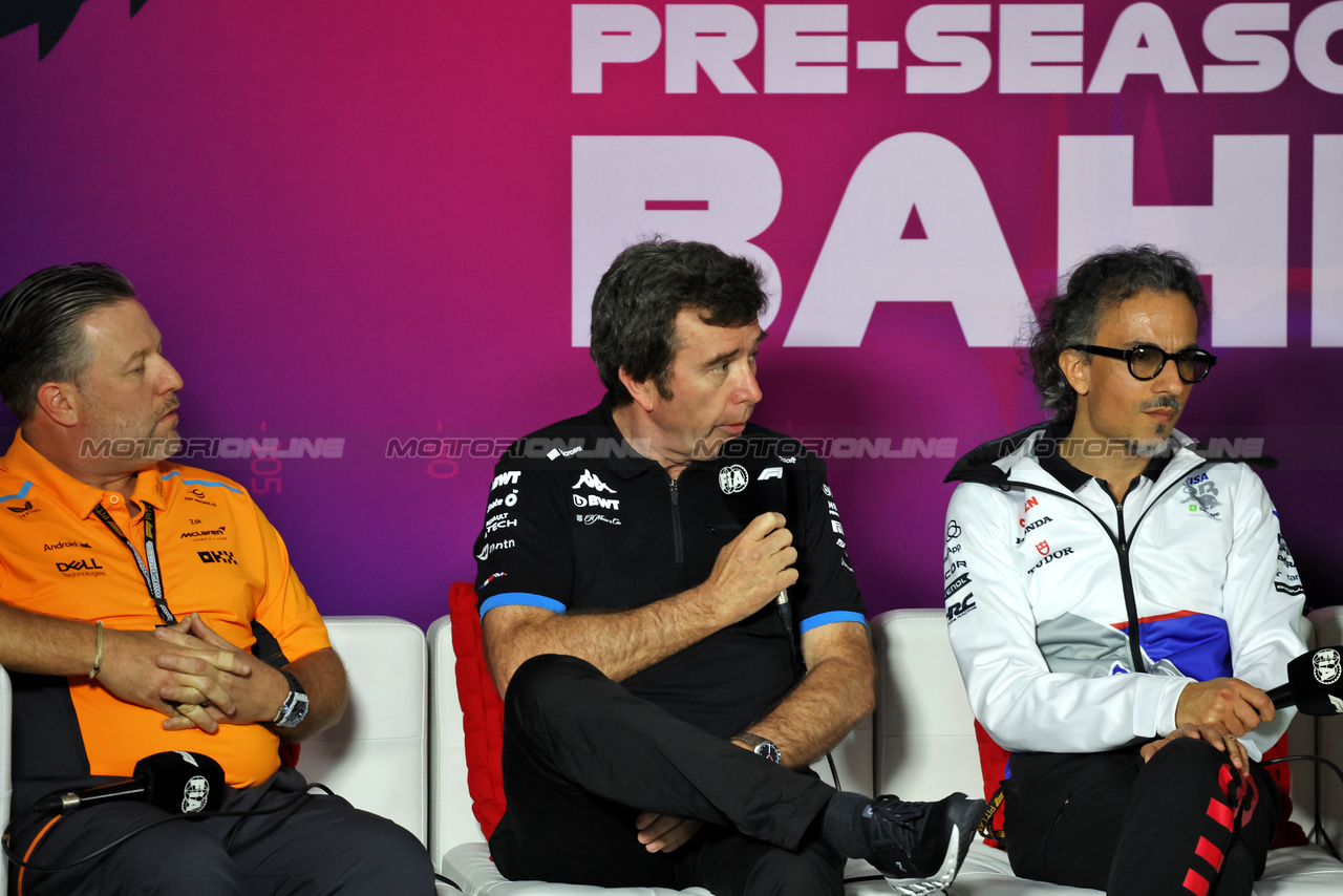 TEST BAHRAIN, (L to R): Zak Brown (USA) McLaren Executive Director; Bruno Famin (FRA) Alpine Motorsports Vice President; e Laurent Mekies (FRA) RB Technical Director, in the FIA Press Conference.

22.02.2024. Formula 1 Testing, Sakhir, Bahrain, Day Two.

- www.xpbimages.com, EMail: requests@xpbimages.com © Copyright: Bearne / XPB Images