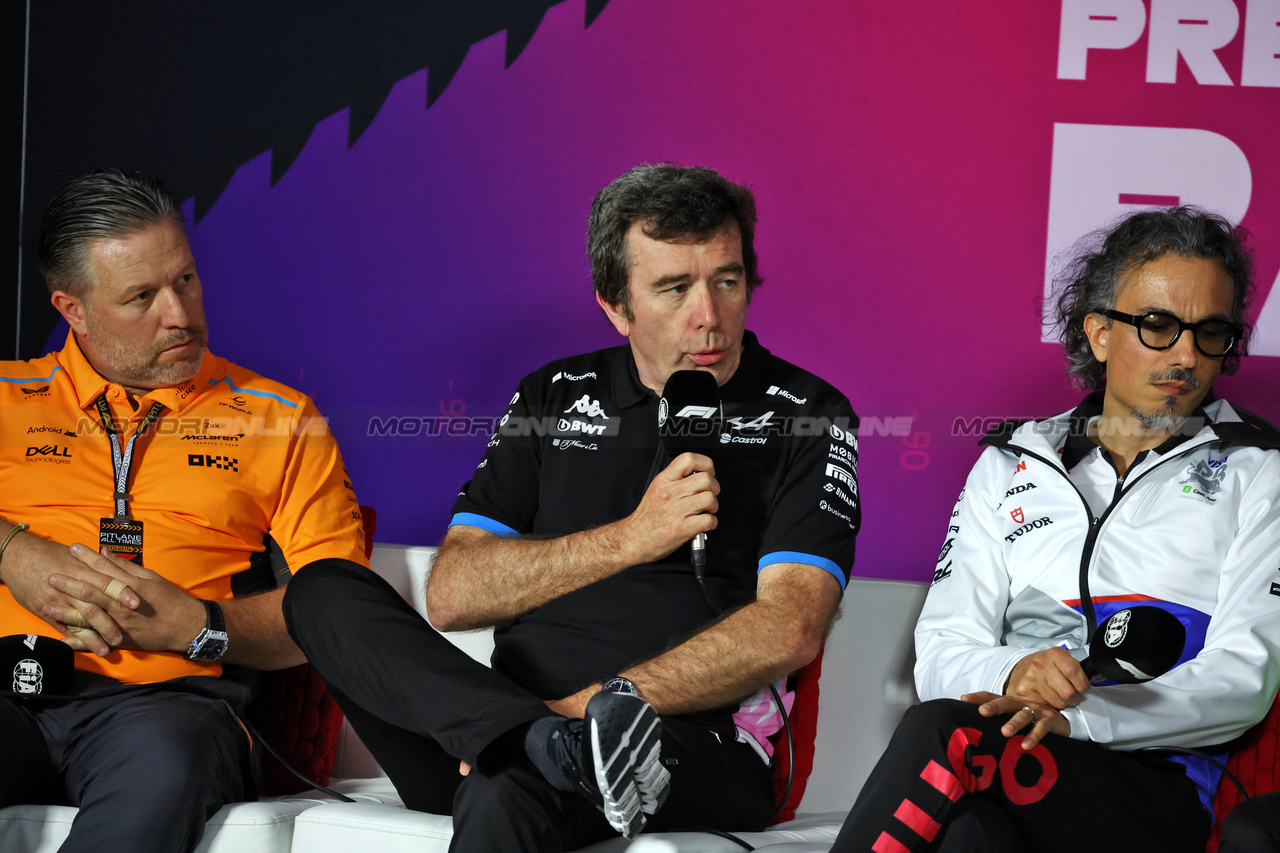 TEST BAHRAIN, (L to R): Zak Brown (USA) McLaren Executive Director; Bruno Famin (FRA) Alpine Motorsports Vice President; e Laurent Mekies (FRA) RB Technical Director, in the FIA Press Conference.

22.02.2024. Formula 1 Testing, Sakhir, Bahrain, Day Two.

- www.xpbimages.com, EMail: requests@xpbimages.com © Copyright: Bearne / XPB Images