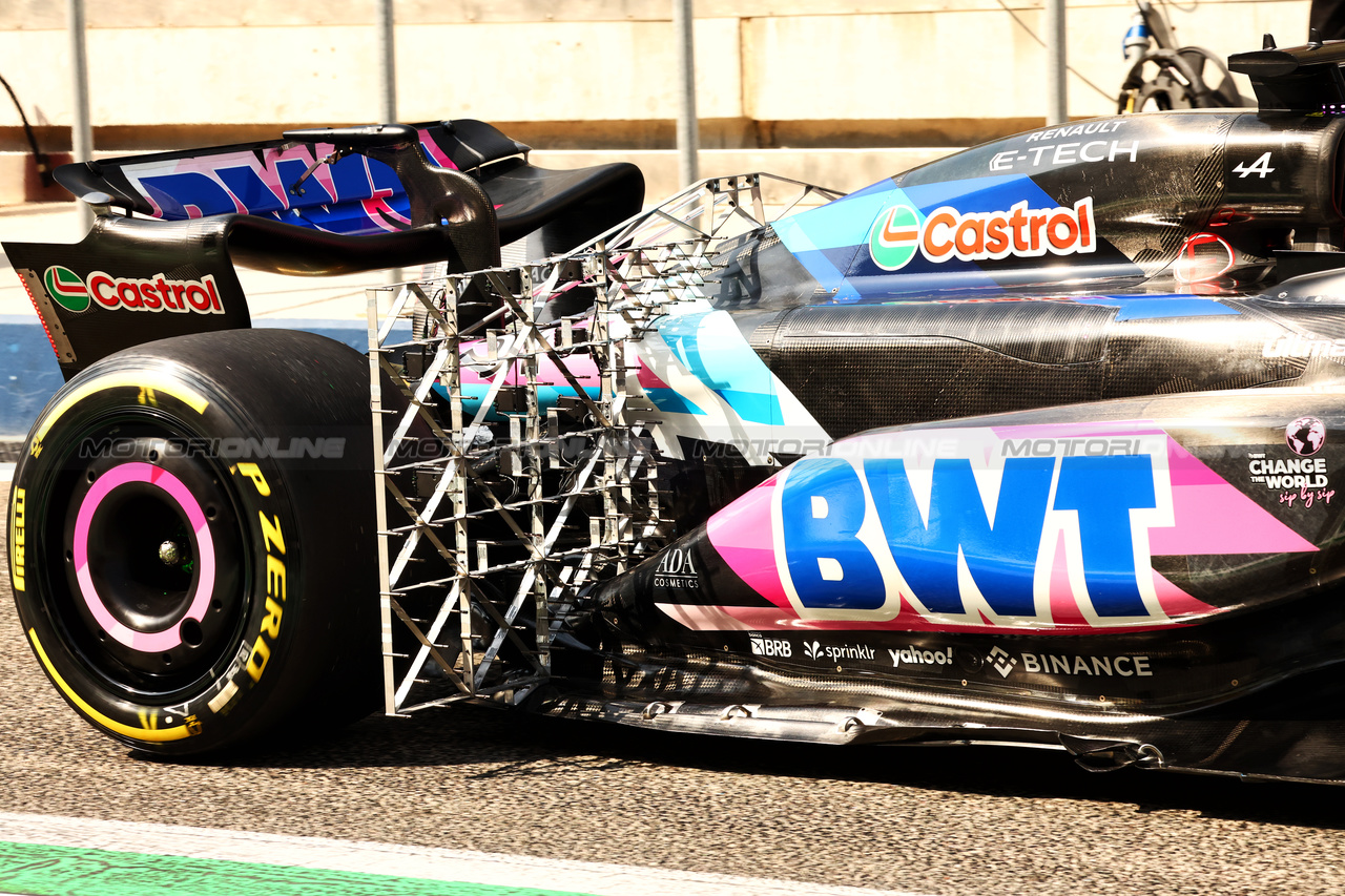 TEST BAHRAIN, Esteban Ocon (FRA) Alpine F1 Team A524 with Aero Rakes at rear suspension.

23.02.2024. Formula 1 Testing, Sakhir, Bahrain, Day Three.

- www.xpbimages.com, EMail: requests@xpbimages.com © Copyright: Batchelor / XPB Images