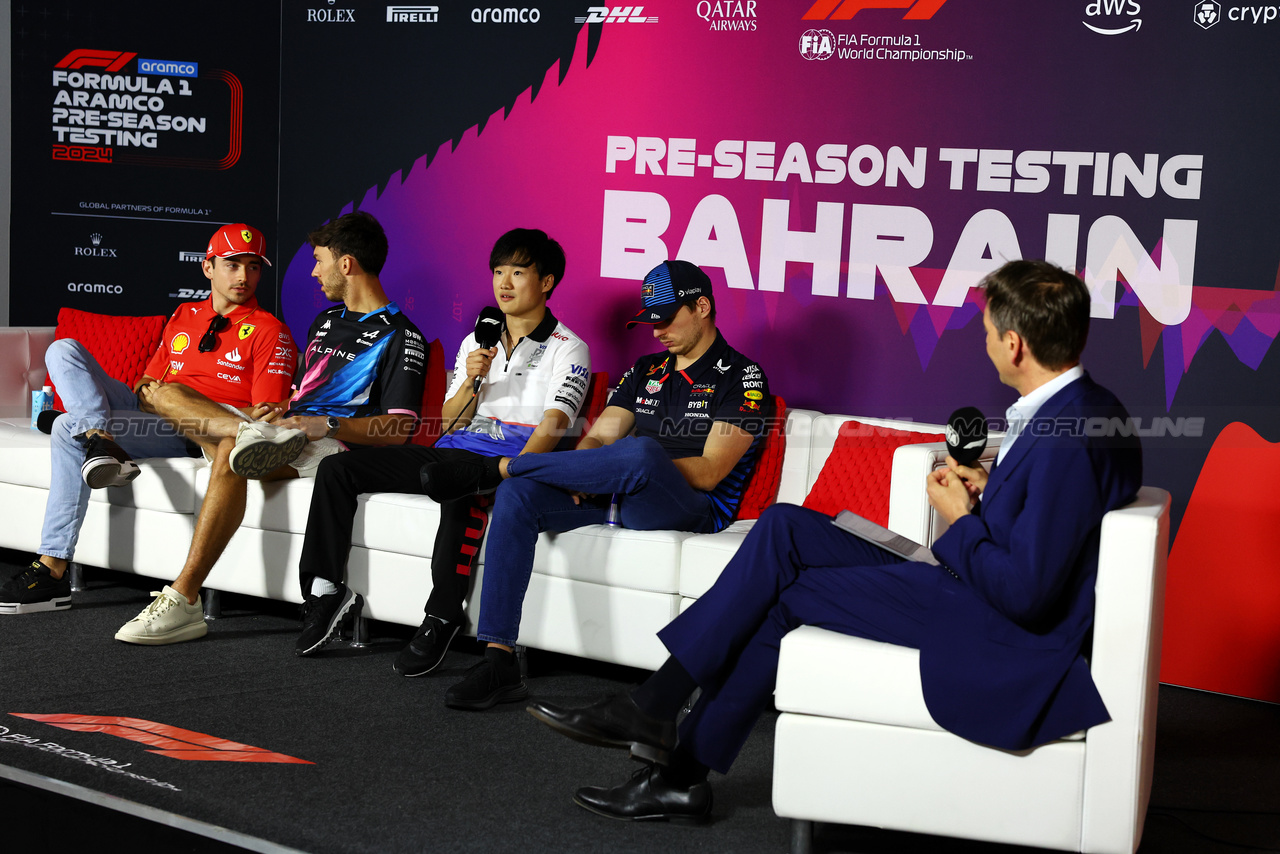 TEST BAHRAIN, (L to R): Charles Leclerc (MON) Ferrari; Pierre Gasly (FRA) Alpine F1 Team; Yuki Tsunoda (JPN) RB; Max Verstappen (NLD) Red Bull Racing, in the FIA Press Conference.

23.02.2024. Formula 1 Testing, Sakhir, Bahrain, Day Three.

- www.xpbimages.com, EMail: requests@xpbimages.com © Copyright: Charniaux / XPB Images