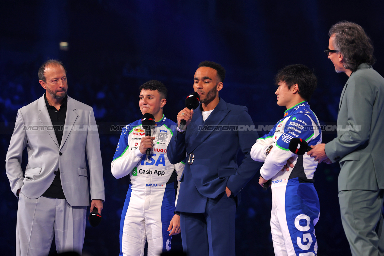 F1 75 LIVE, (L to R): Peter Bayer (AUT) Racing Bulls Chief Executive Officer; Isack Hadjar (FRA) Racing Bulls; Munya Chawawa (GBR) Actor; Yuki Tsunoda (JPN) Racing Bulls; Laurent Mekies (FRA) Racing Bulls Technical Director.

18.02.2025. Formula One World Championship, F1 75 Live. O2 Arena, London, England.

- www.xpbimages.com, EMail: requests@xpbimages.com © Copyright: Batchelor / XPB Images