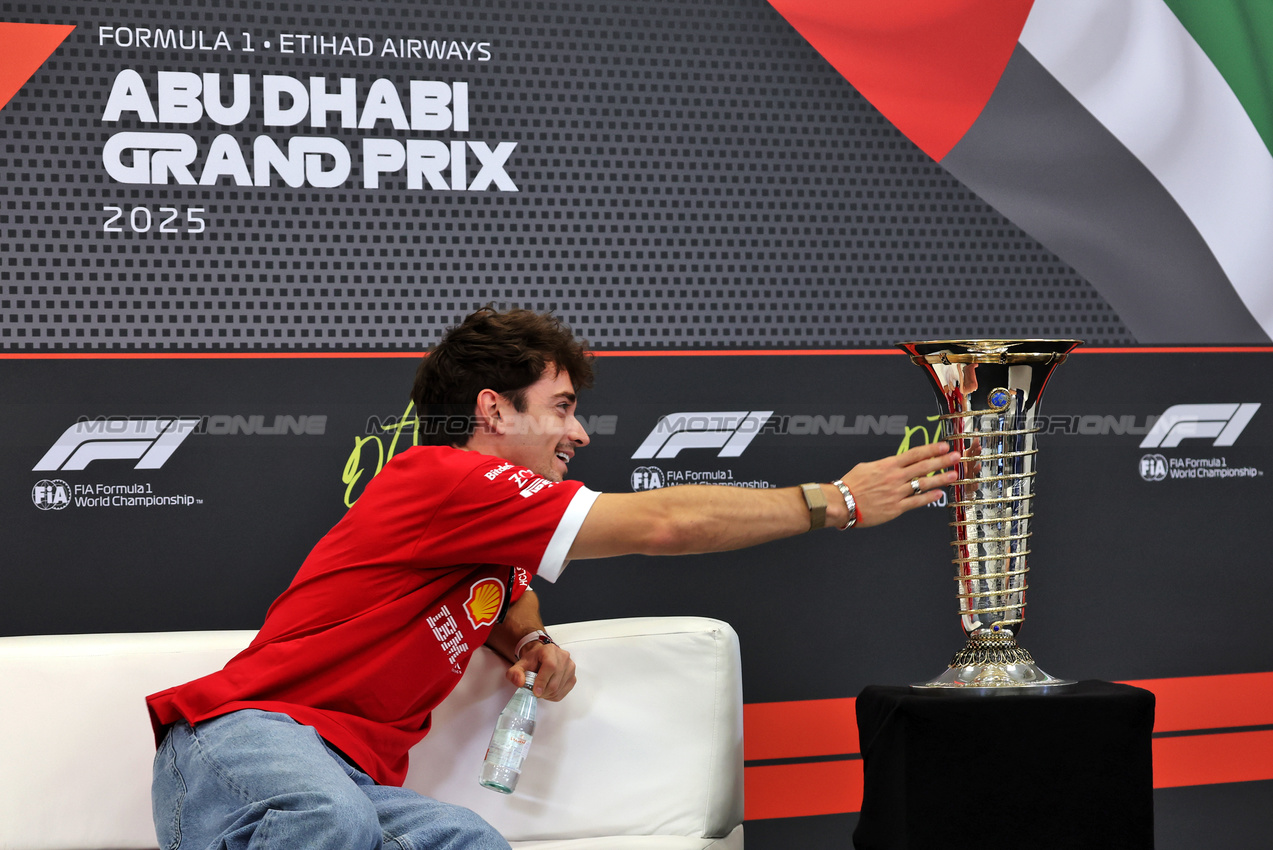 GP ABU DHABI, Charles Leclerc (MON) Ferrari in the FIA Press Conference.

04.12.2025. Formula 1 World Championship, Rd 24, Abu Dhabi Grand Prix, Yas Marina Circuit, Abu Dhabi, Preparation Day.

- www.xpbimages.com, EMail: requests@xpbimages.com © Copyright: Bearne / XPB Images