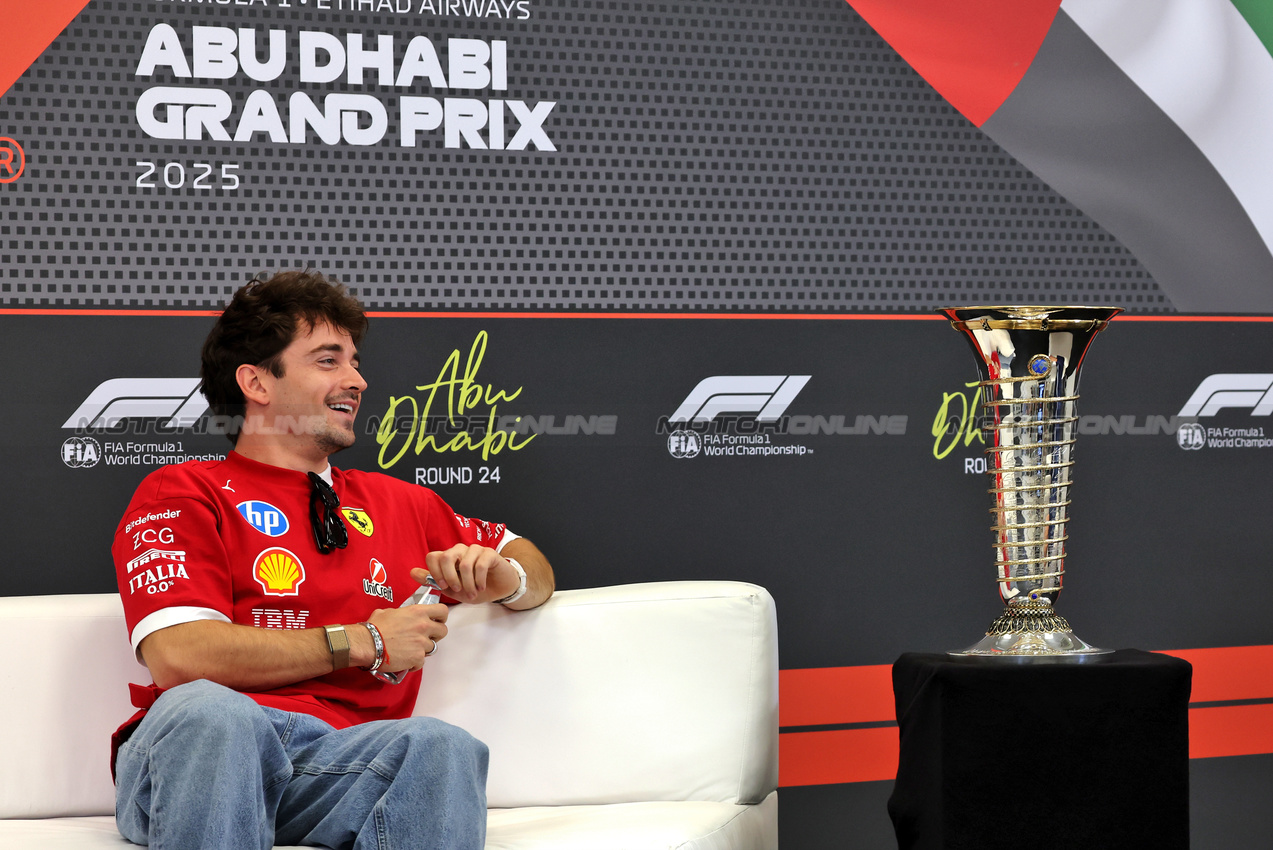 GP ABU DHABI, Charles Leclerc (MON) Ferrari in the FIA Press Conference.

04.12.2025. Formula 1 World Championship, Rd 24, Abu Dhabi Grand Prix, Yas Marina Circuit, Abu Dhabi, Preparation Day.

- www.xpbimages.com, EMail: requests@xpbimages.com © Copyright: Bearne / XPB Images