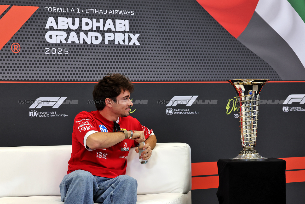 GP ABU DHABI, Charles Leclerc (MON) Ferrari in the FIA Press Conference.

04.12.2025. Formula 1 World Championship, Rd 24, Abu Dhabi Grand Prix, Yas Marina Circuit, Abu Dhabi, Preparation Day.

- www.xpbimages.com, EMail: requests@xpbimages.com © Copyright: Bearne / XPB Images
