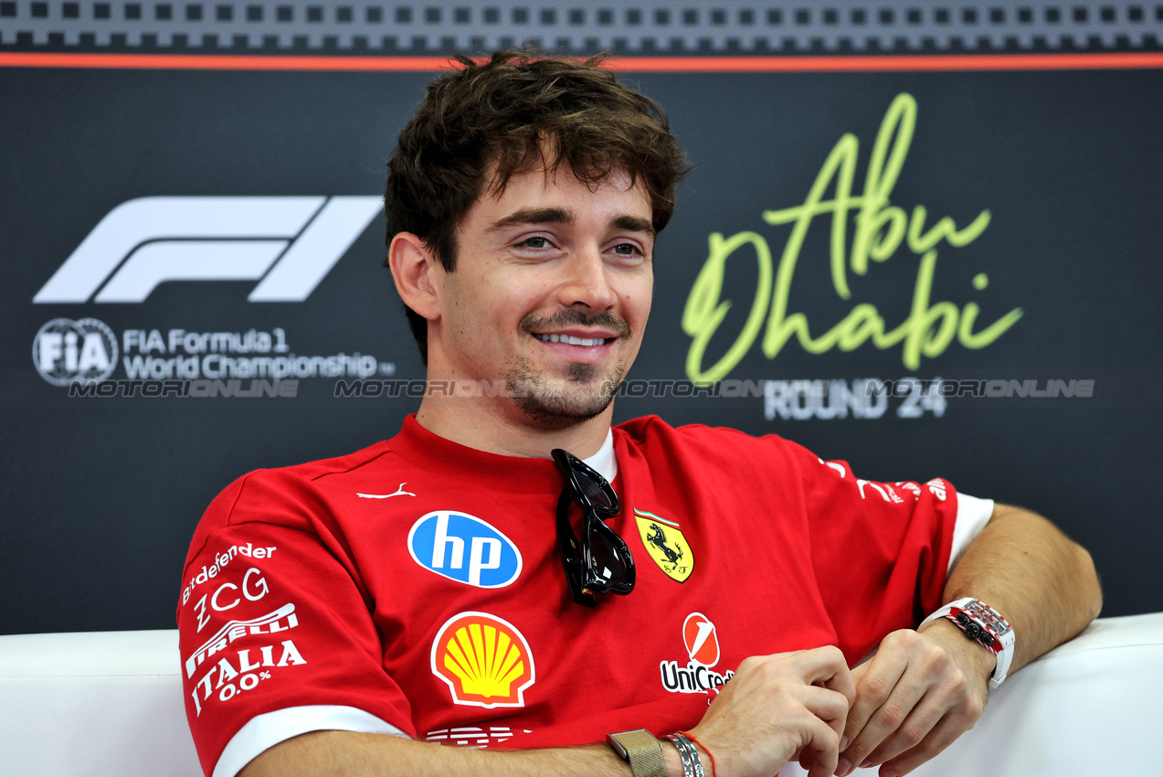 GP ABU DHABI, Charles Leclerc (MON) Ferrari in the FIA Press Conference.

04.12.2025. Formula 1 World Championship, Rd 24, Abu Dhabi Grand Prix, Yas Marina Circuit, Abu Dhabi, Preparation Day.

- www.xpbimages.com, EMail: requests@xpbimages.com © Copyright: Bearne / XPB Images