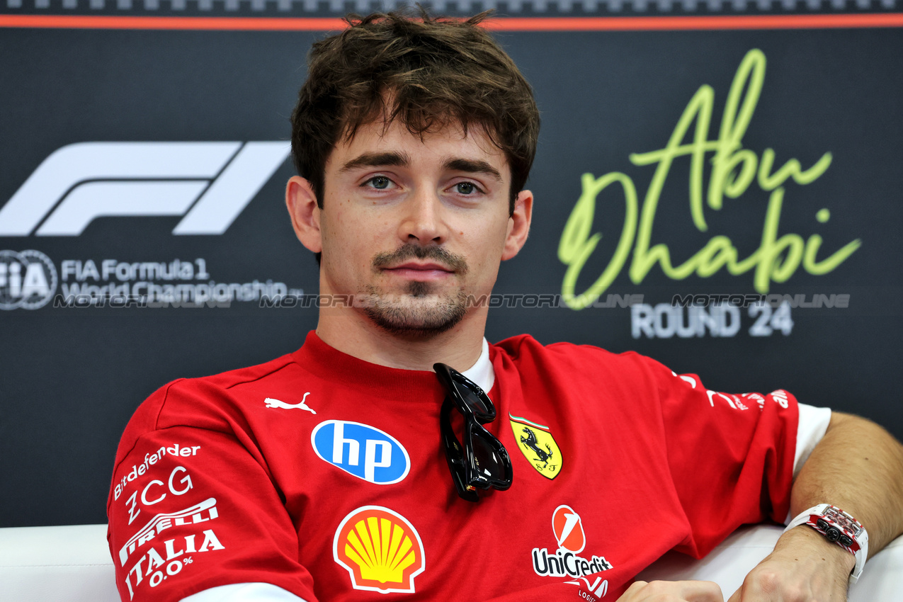 GP ABU DHABI, Charles Leclerc (MON) Ferrari in the FIA Press Conference.

04.12.2025. Formula 1 World Championship, Rd 24, Abu Dhabi Grand Prix, Yas Marina Circuit, Abu Dhabi, Preparation Day.

- www.xpbimages.com, EMail: requests@xpbimages.com © Copyright: Bearne / XPB Images