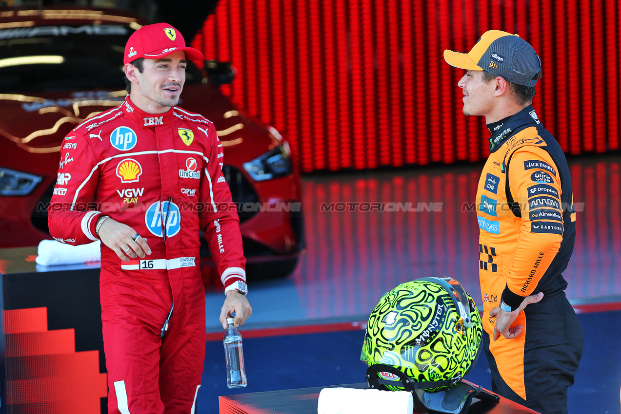 GP AUSTRIA, (L to R): second placed Charles Leclerc (MON) Ferrari with pole sitter Lando Norris (GBR) McLaren in qualifying parc ferme.

28.06.2025. Formula 1 World Championship, Rd 11, Austrian Grand Prix, Spielberg, Austria, Qualifiche Day.

- www.xpbimages.com, EMail: requests@xpbimages.com © Copyright: Batchelor / XPB Images