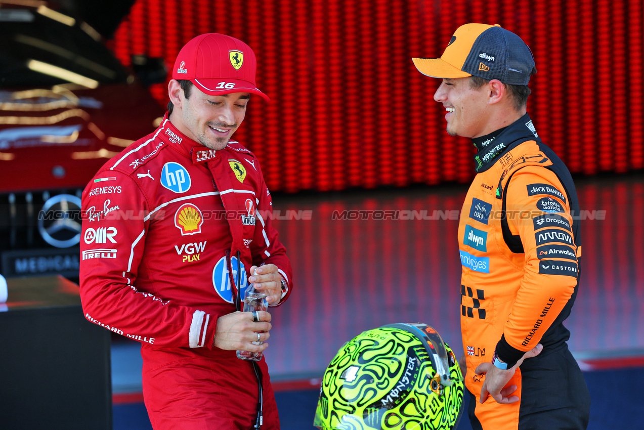 GP AUSTRIA, (L to R): second placed Charles Leclerc (MON) Ferrari with pole sitter Lando Norris (GBR) McLaren in qualifying parc ferme.

28.06.2025. Formula 1 World Championship, Rd 11, Austrian Grand Prix, Spielberg, Austria, Qualifiche Day.

- www.xpbimages.com, EMail: requests@xpbimages.com © Copyright: Batchelor / XPB Images