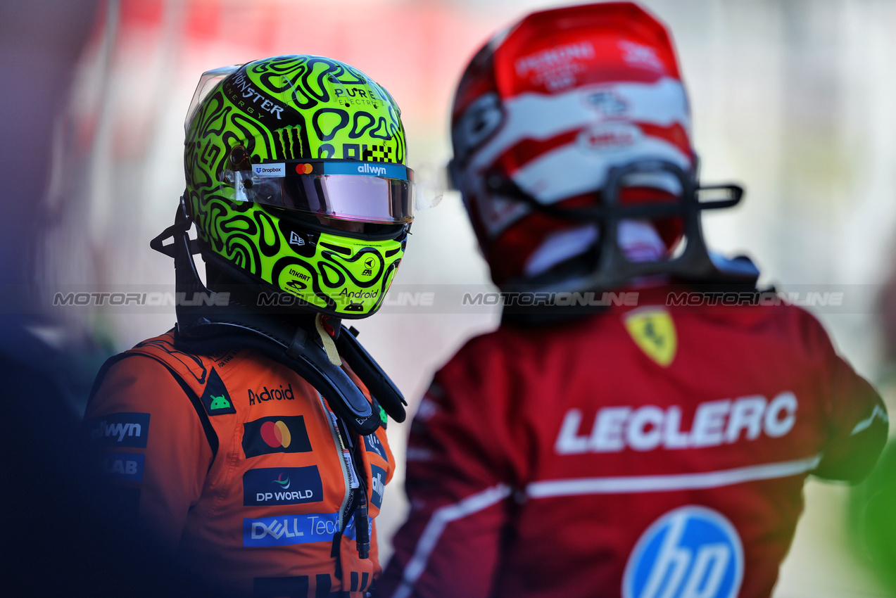 GP AUSTRIA, (L to R): Pole sitter Lando Norris (GBR) McLaren with second placed Charles Leclerc (MON) Ferrari in qualifying parc ferme.

28.06.2025. Formula 1 World Championship, Rd 11, Austrian Grand Prix, Spielberg, Austria, Qualifiche Day.

- www.xpbimages.com, EMail: requests@xpbimages.com © Copyright: Charniaux / XPB Images