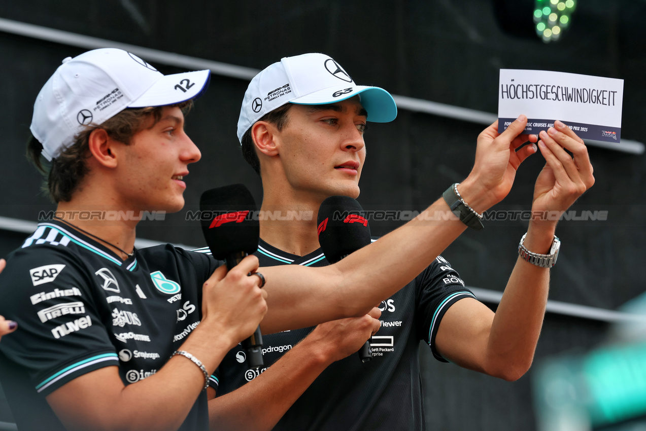 GP AUSTRIA, (L to R): Andrea Kimi Antonelli (ITA) Mercedes AMG F1 e George Russell (GBR) Mercedes AMG F1 on the FanZone Stage.

28.06.2025. Formula 1 World Championship, Rd 11, Austrian Grand Prix, Spielberg, Austria, Qualifiche Day.

- www.xpbimages.com, EMail: requests@xpbimages.com © Copyright: Moy / XPB Images
