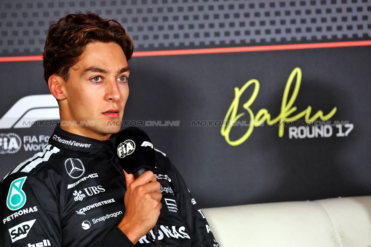 GP AZERBAIJAN, George Russell (GBR) Mercedes AMG F1 in the post race FIA Press Conference.

21.09.2025. Formula 1 World Championship, Rd 17, Azerbaijan Grand Prix, Baku Street Circuit, Azerbaijan, Gara Day.

- www.xpbimages.com, EMail: requests@xpbimages.com © Copyright: Batchelor / XPB Images