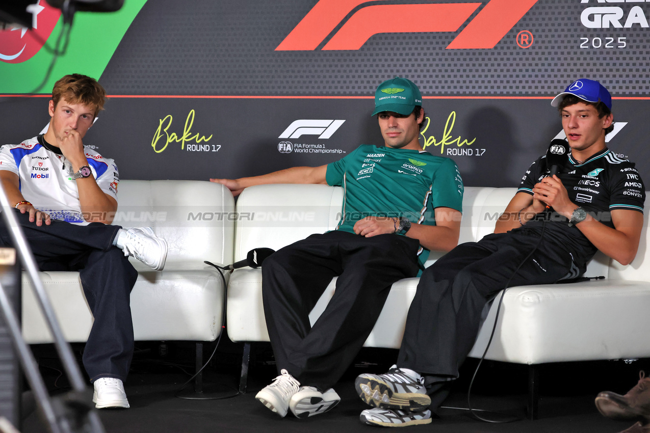 GP AZERBAIJAN, (L to R): Liam Lawson (NZL) Racing Bulls; Lance Stroll (CDN) Aston Martin F1 Team; e Andrea Kimi Antonelli (ITA) Mercedes AMG F1, in the FIA Press Conference.

18.09.2025. Formula 1 World Championship, Rd 17, Azerbaijan Grand Prix, Baku Street Circuit, Azerbaijan, Preparation Day.

 - www.xpbimages.com, EMail: requests@xpbimages.com © Copyright: Rew / XPB Images