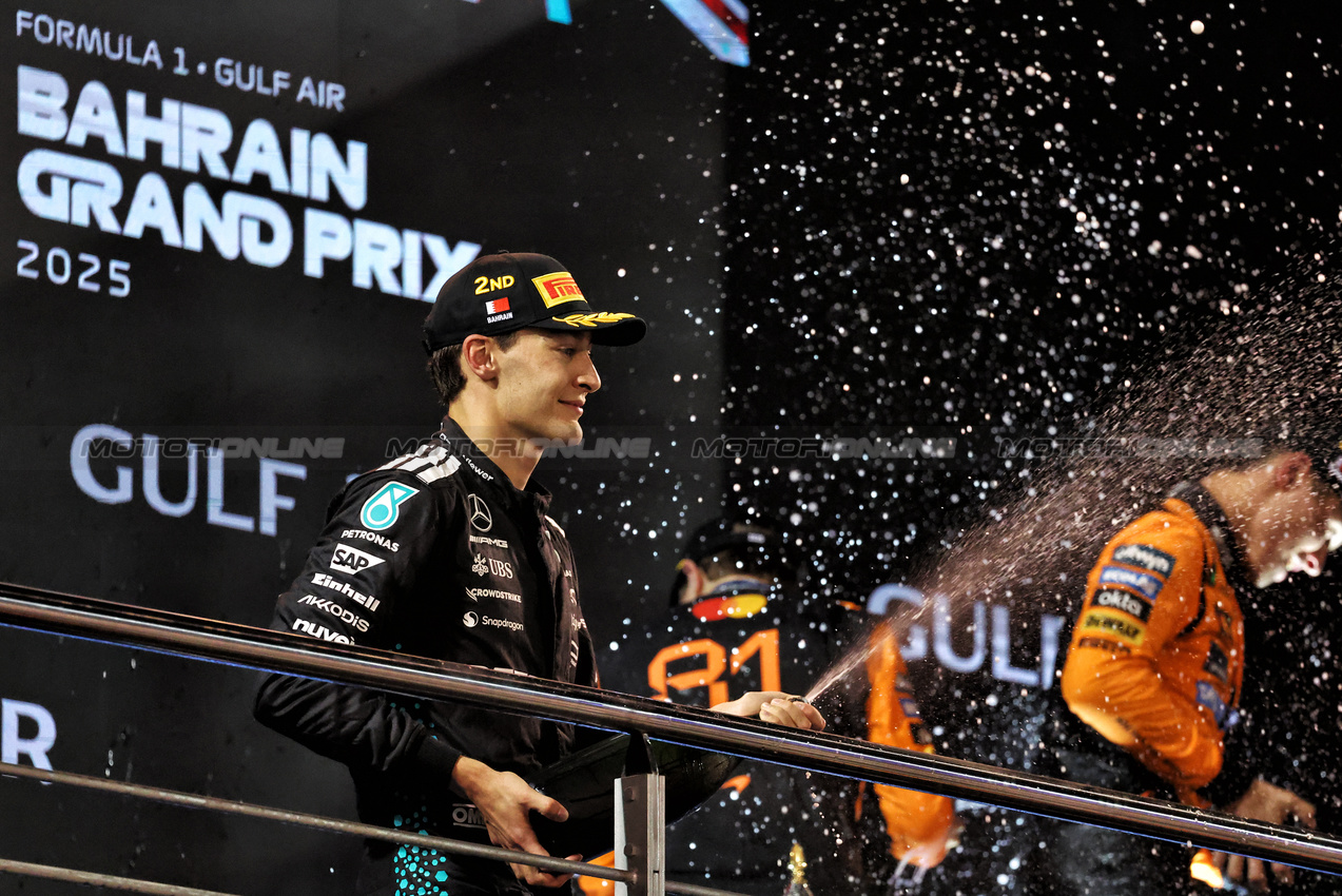 GP BAHRAIN, George Russell (GBR) Mercedes AMG F1 celebrates his second position on the podium.

13.04.2025. Formula 1 World Championship, Rd 4, Bahrain Grand Prix, Sakhir, Bahrain, Gara Day.

- www.xpbimages.com, EMail: requests@xpbimages.com © Copyright: Moy / XPB Images