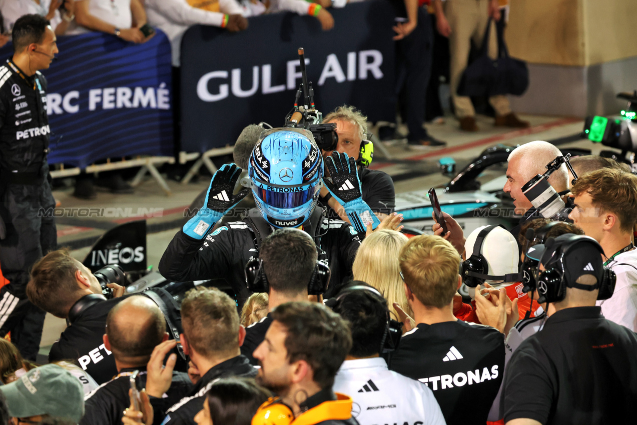 GP BAHRAIN, George Russell (GBR) Mercedes AMG F1 celebrates his second position in parc ferme.

13.04.2025. Formula 1 World Championship, Rd 4, Bahrain Grand Prix, Sakhir, Bahrain, Gara Day.

- www.xpbimages.com, EMail: requests@xpbimages.com © Copyright: Bearne / XPB Images
